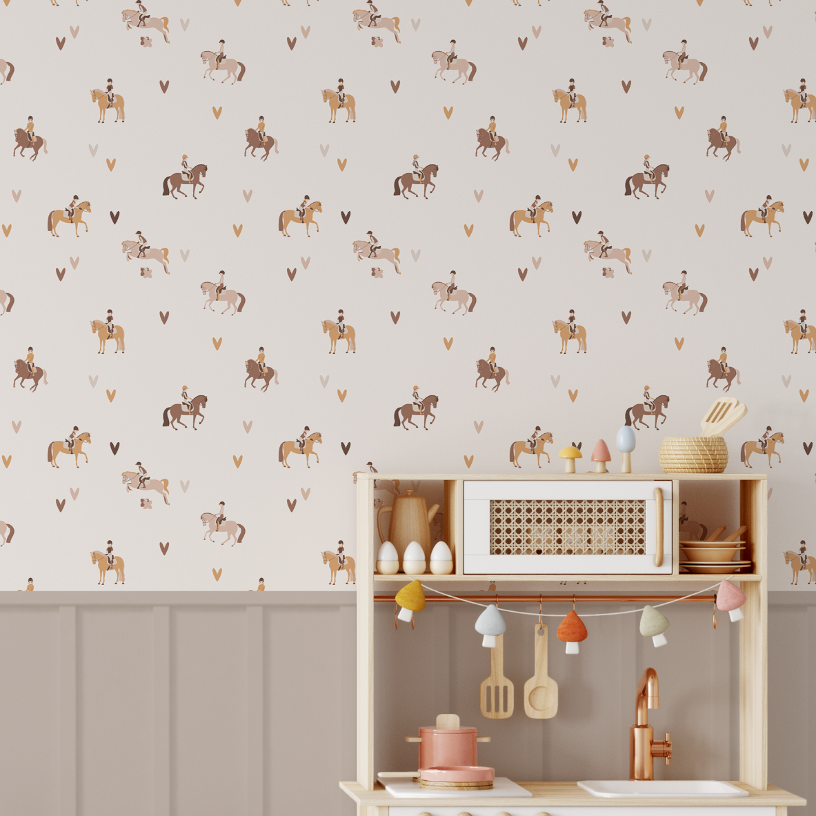removable horse wallpaper in playroom with toy kitchen and soft neutral decor