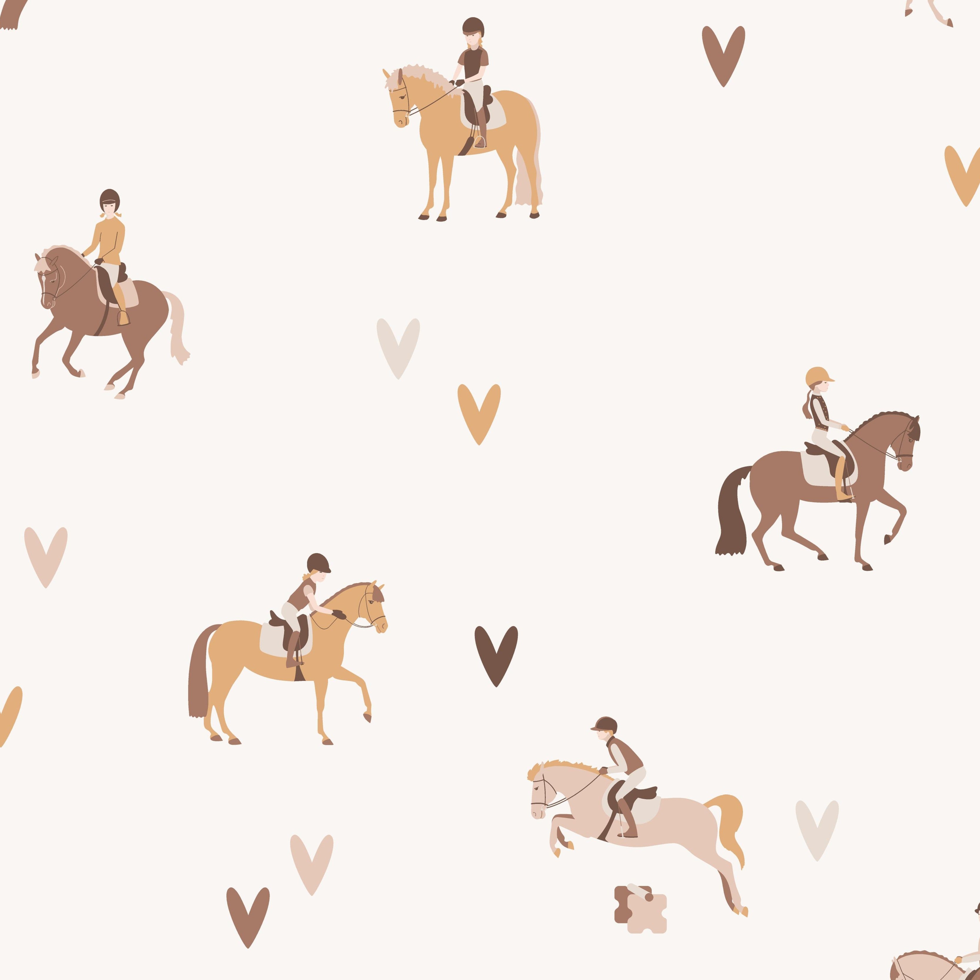 horse and hearts wallpaper sample with riders in warm taupe and beige tones