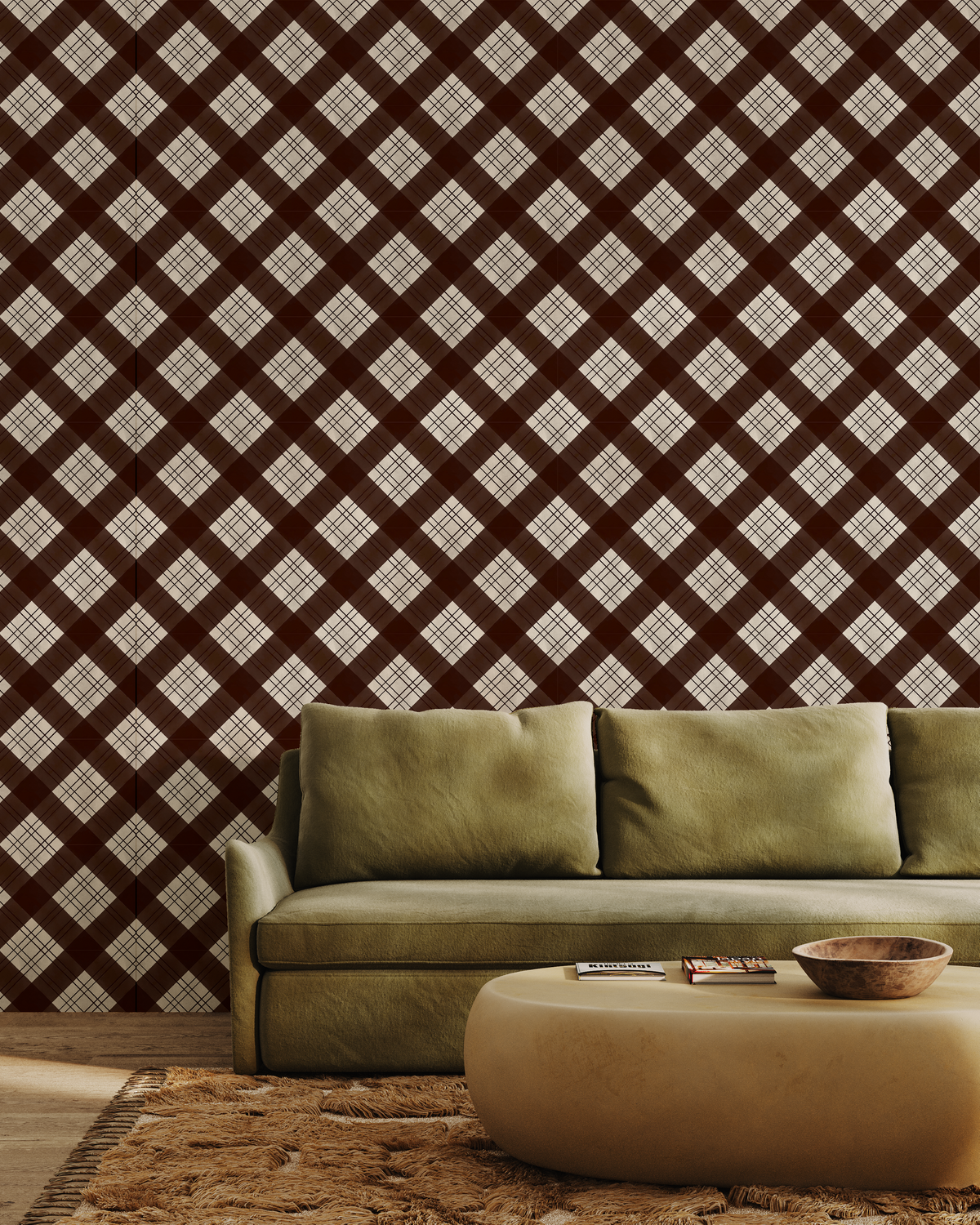 Espresso plaid wallpaper in rich chocolate brown and cream styled in a cozy living room with olive green sofa
