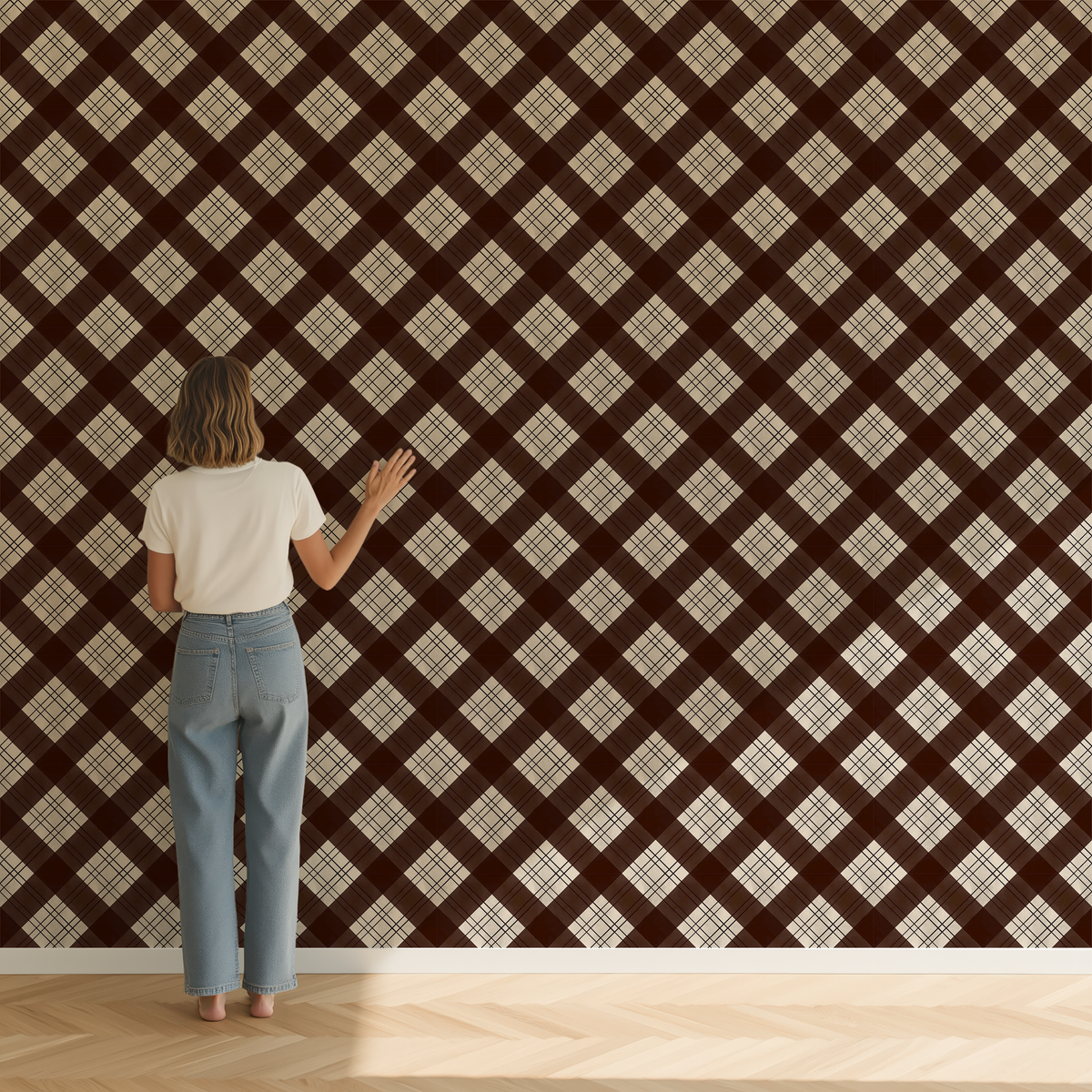 Large wall covered in brown and cream plaid wallpaper showing pattern scale and wallpaper installation
