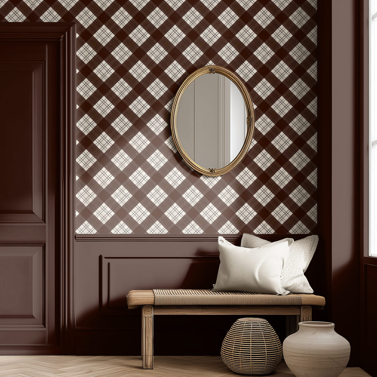 Espresso brown tartan wallpaper styled in a traditional entryway with dark brown millwork and vintage mirror