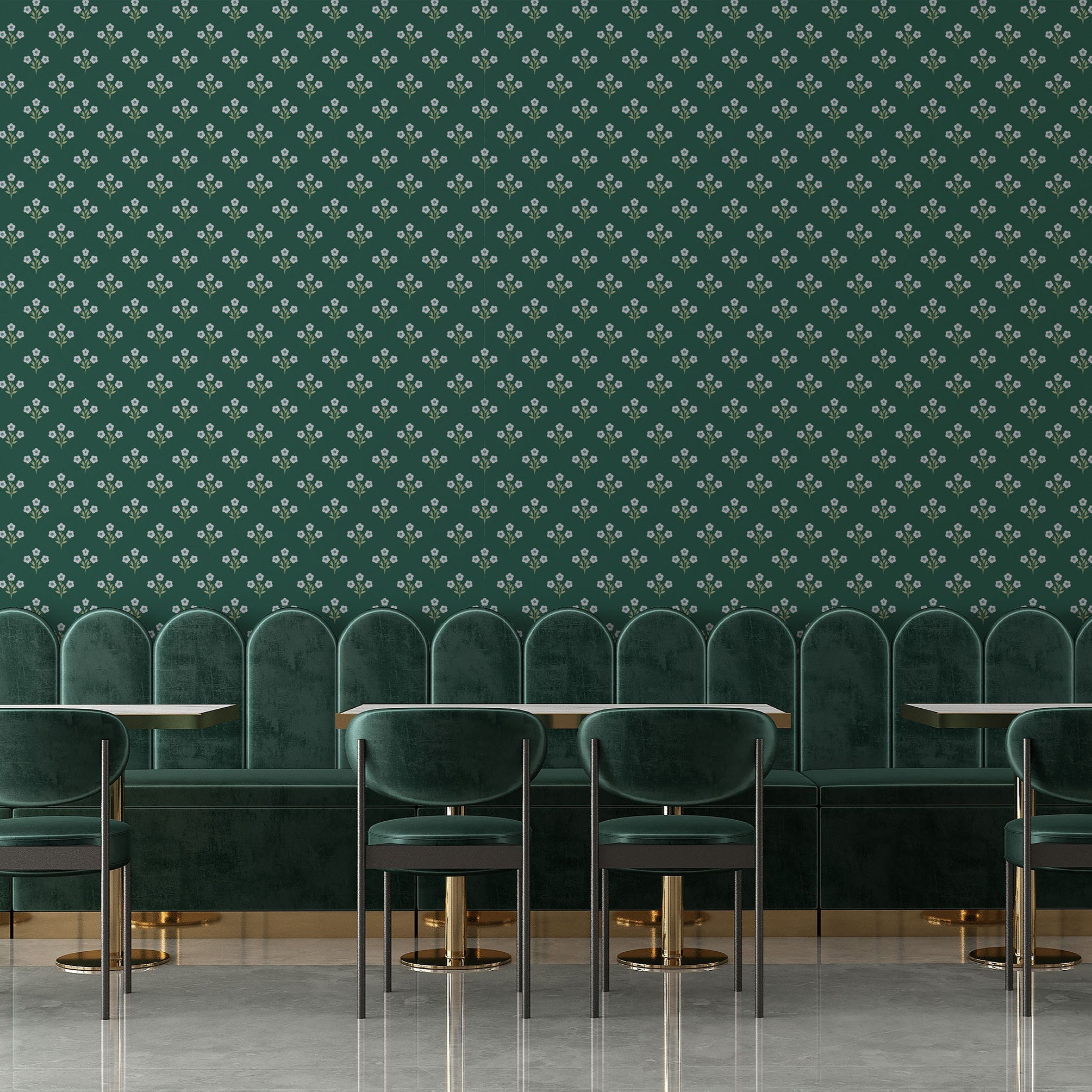 Evergreen blossom wallpaper with small vintage floral pattern on deep green background styled in restaurant seating area