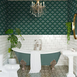 Dark green floral wallpaper installed in a classic bathroom with clawfoot tub and white tile wainscoting