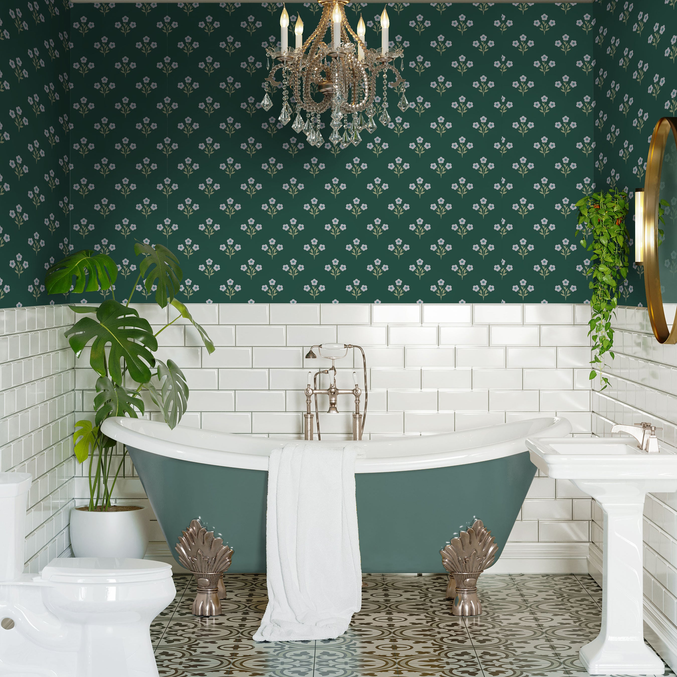 Dark green floral wallpaper installed in a classic bathroom with clawfoot tub and white tile wainscoting