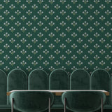Repeating evergreen blossom floral wallpaper pattern featuring delicate white flowers on rich green backdrop