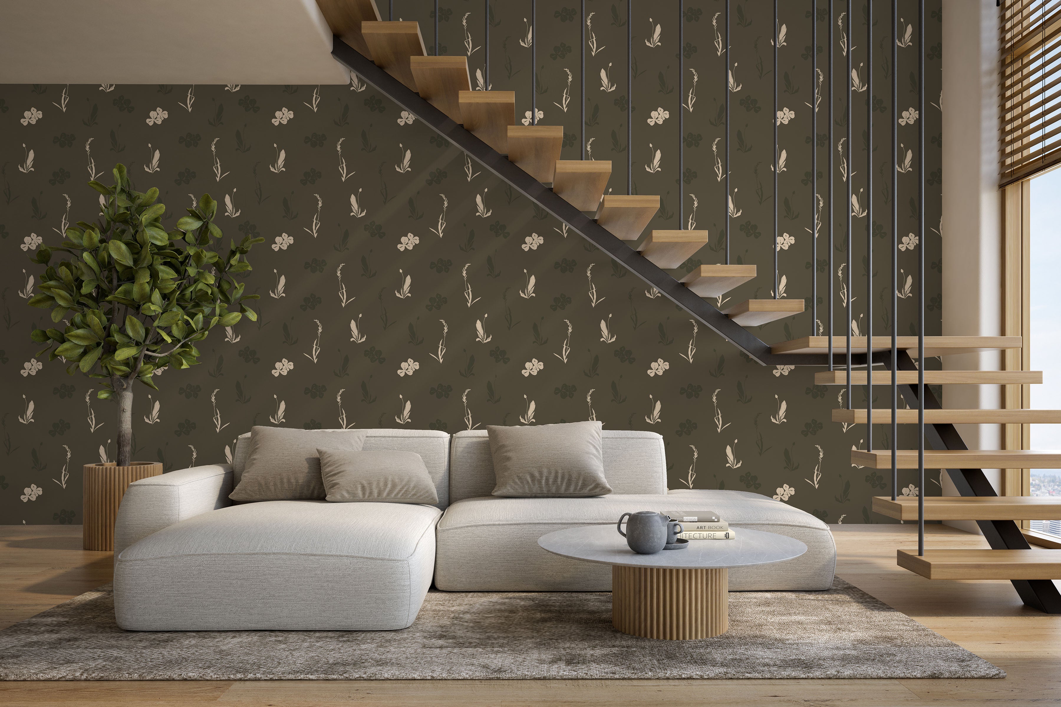 Field Study botanical wallpaper installed in a cozy neutral interior with natural wood and linen textures