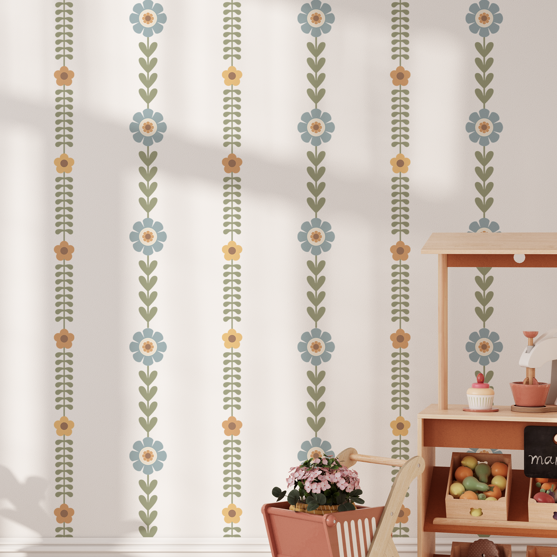 Vertical floral stripe wall decals with blue and orange flowers in a neutral room featuring rattan chair and woven baskets