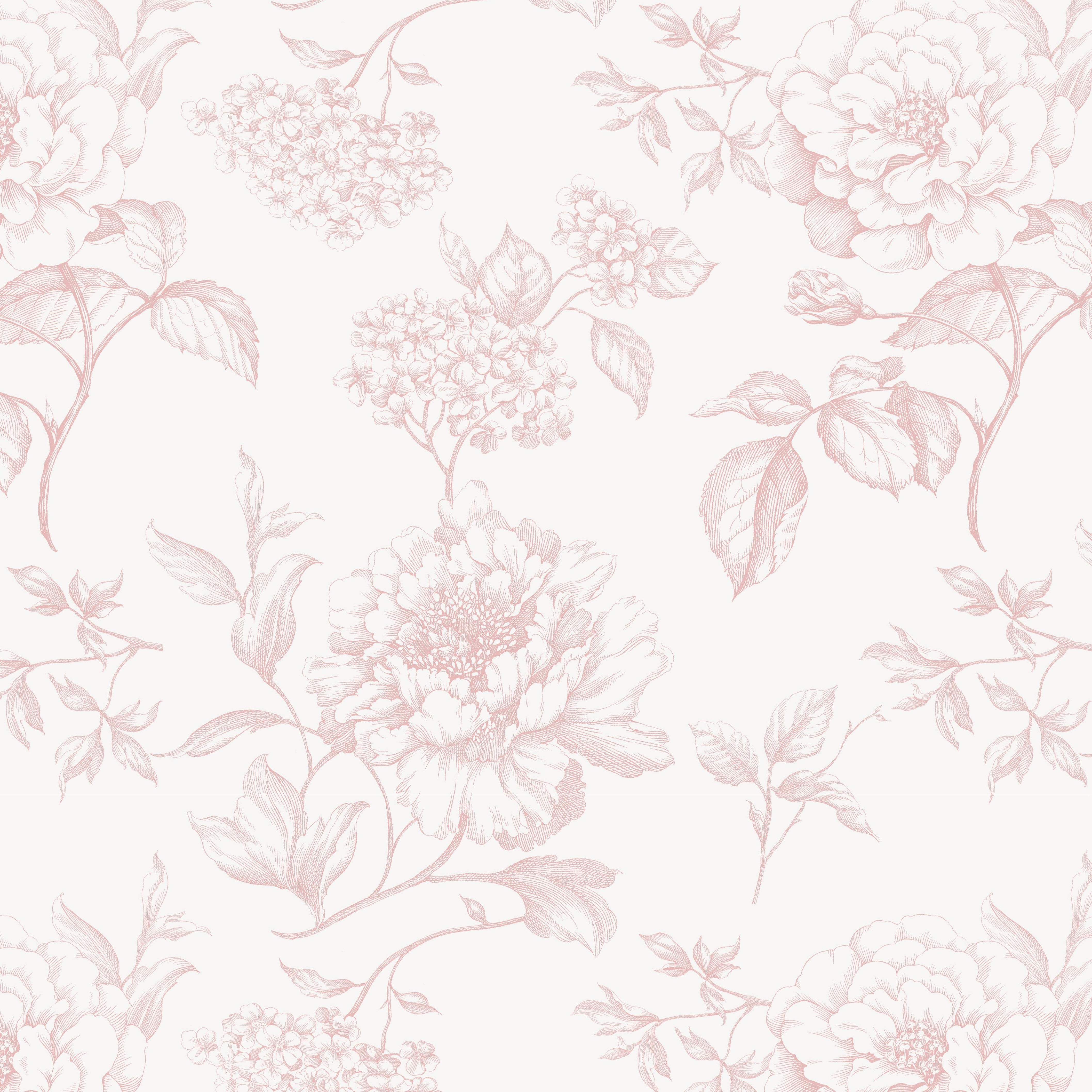Soft pink floral toile wallpaper pattern sample