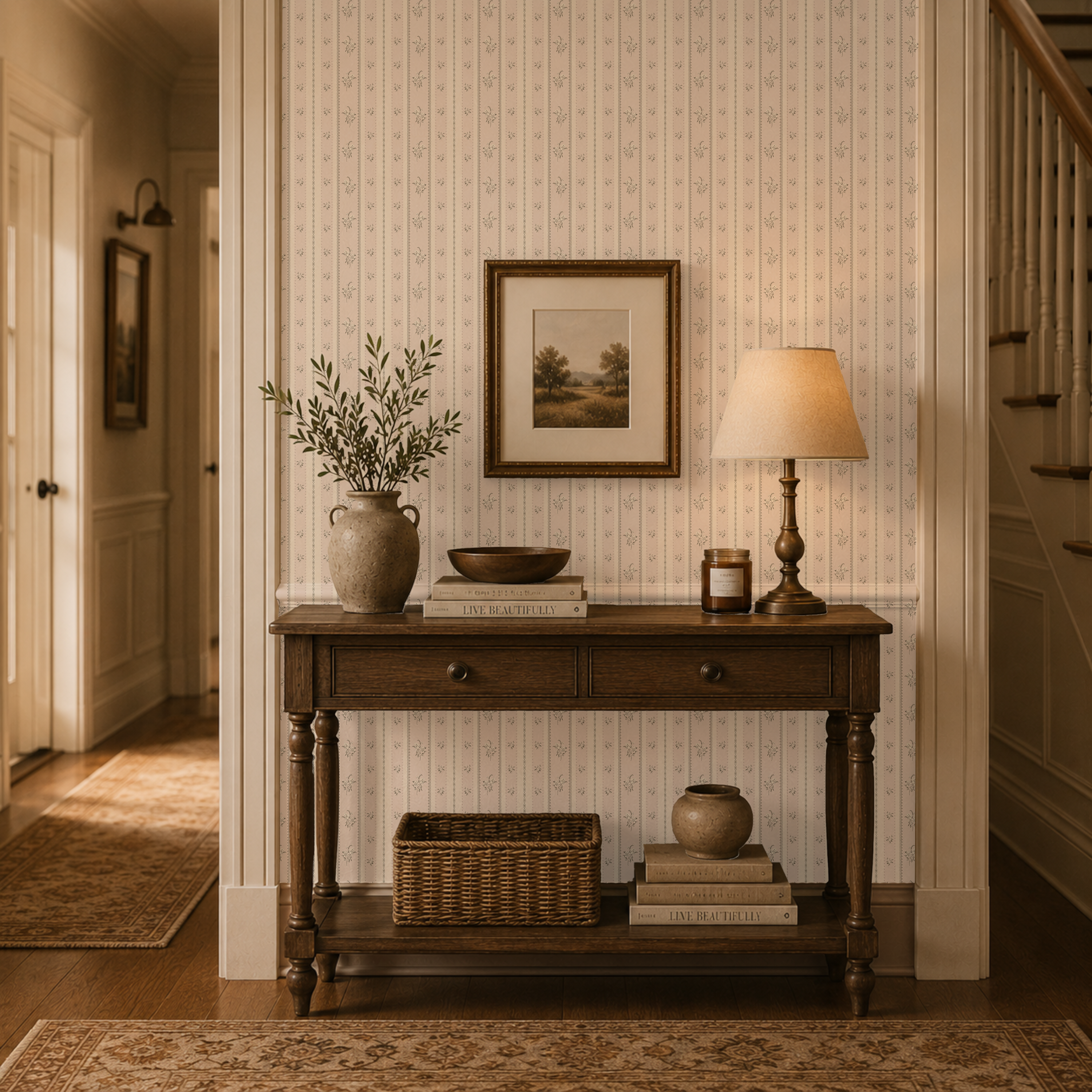 Floral Stripe Wallpaper for Hallway, Vintage Inspired Pink and Cream Wallpaper, Traditional Cottage Wall Covering, Elegant Entryway Decor
