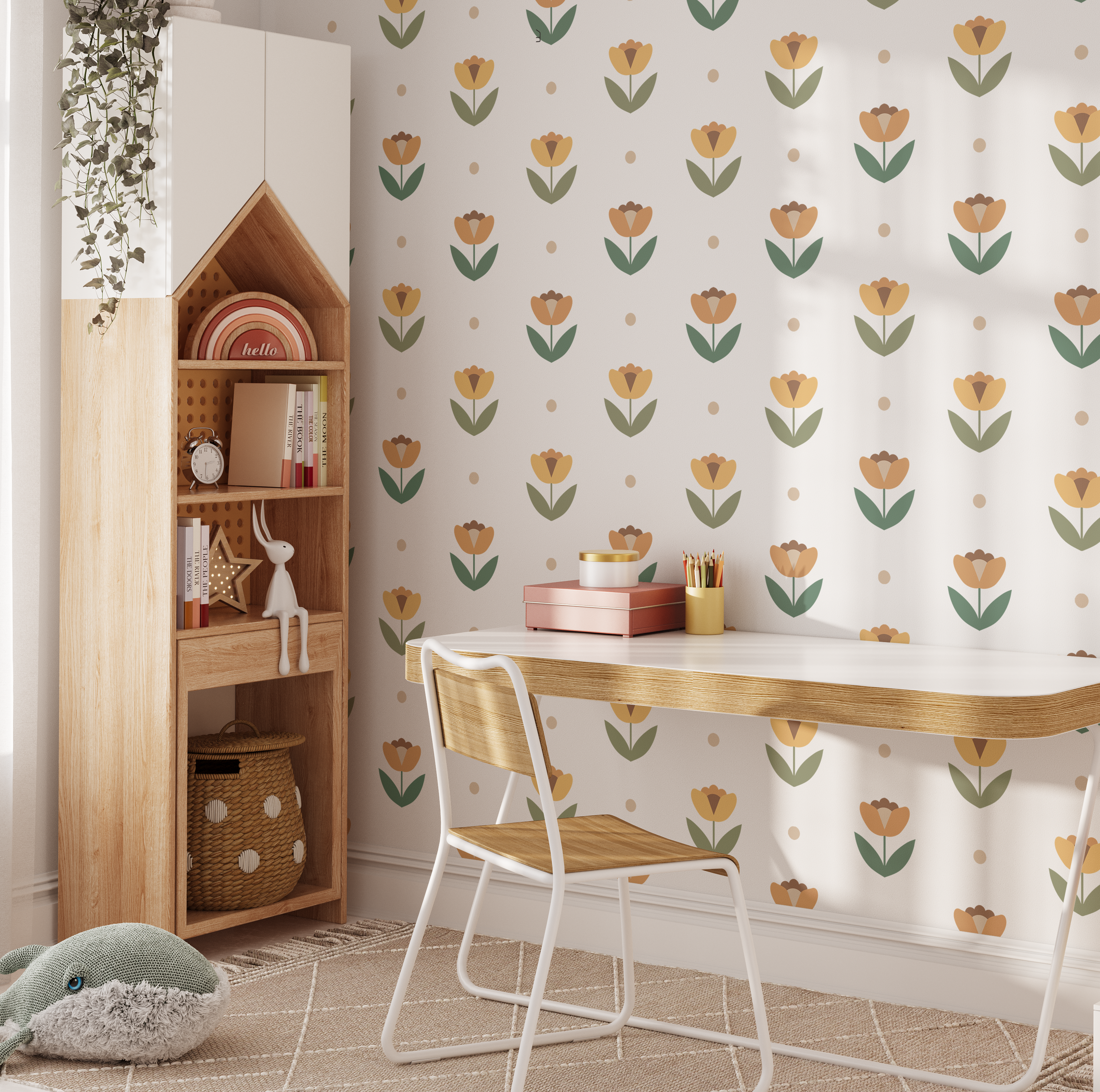Petal Polka Dot floral decals arranged in a bright children’s study area