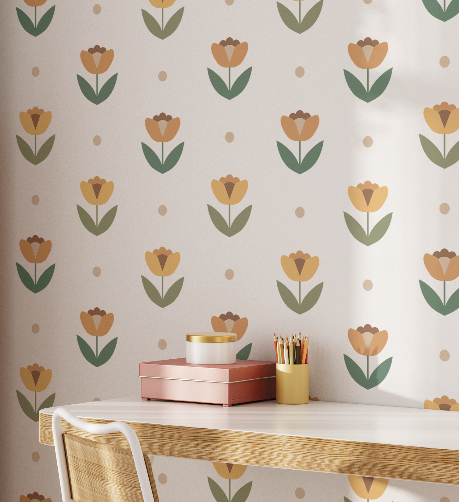 Petal Polka Dot floral wall decals in a kids desk and study space