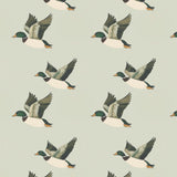 Pattern swatch showing illustrated flying ducks on a soft green background