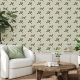 Living room with flying duck wallpaper, indoor plants, and wood coffee table