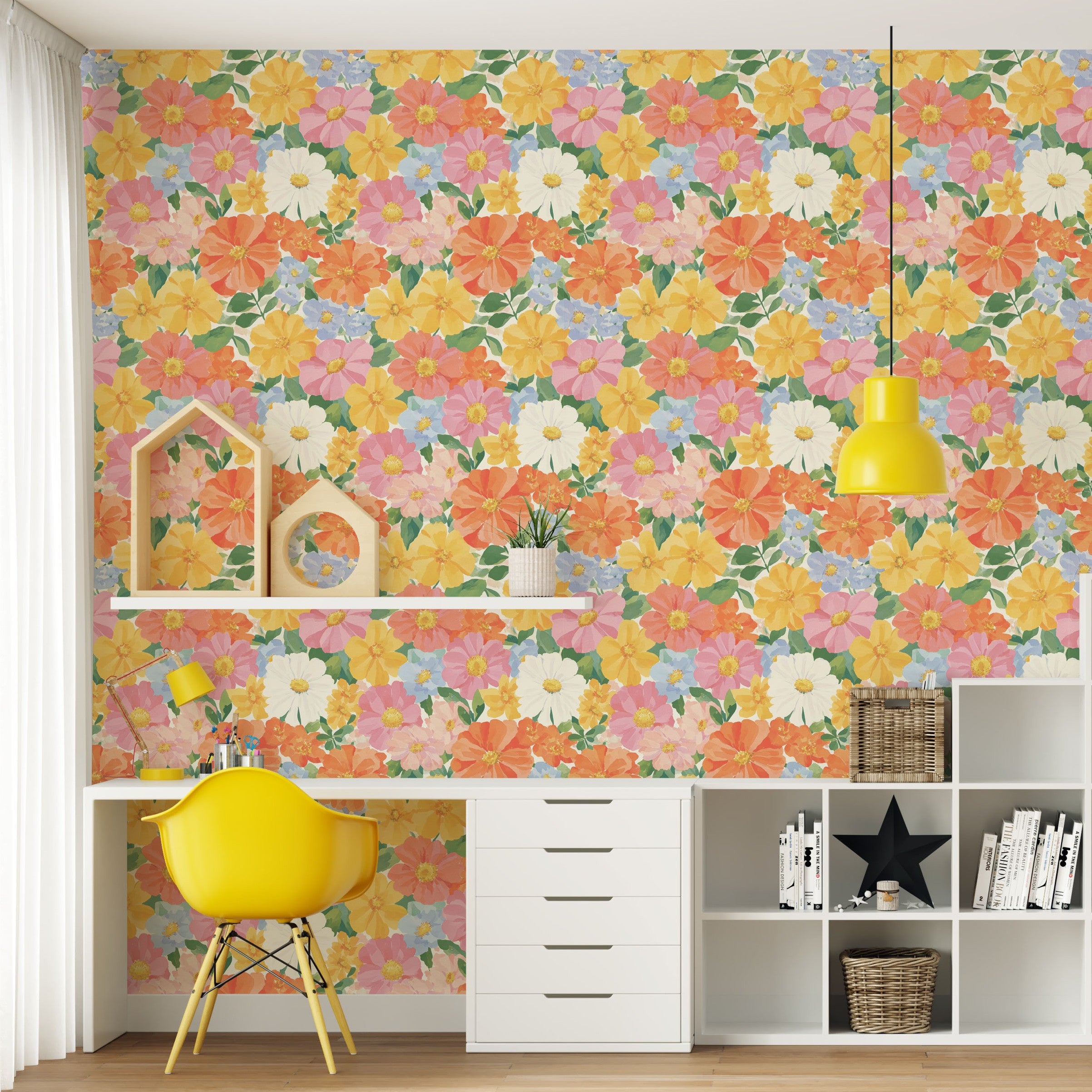 Vintage inspired flower wallpaper with bold pastel blooms in playful home office with yellow chair