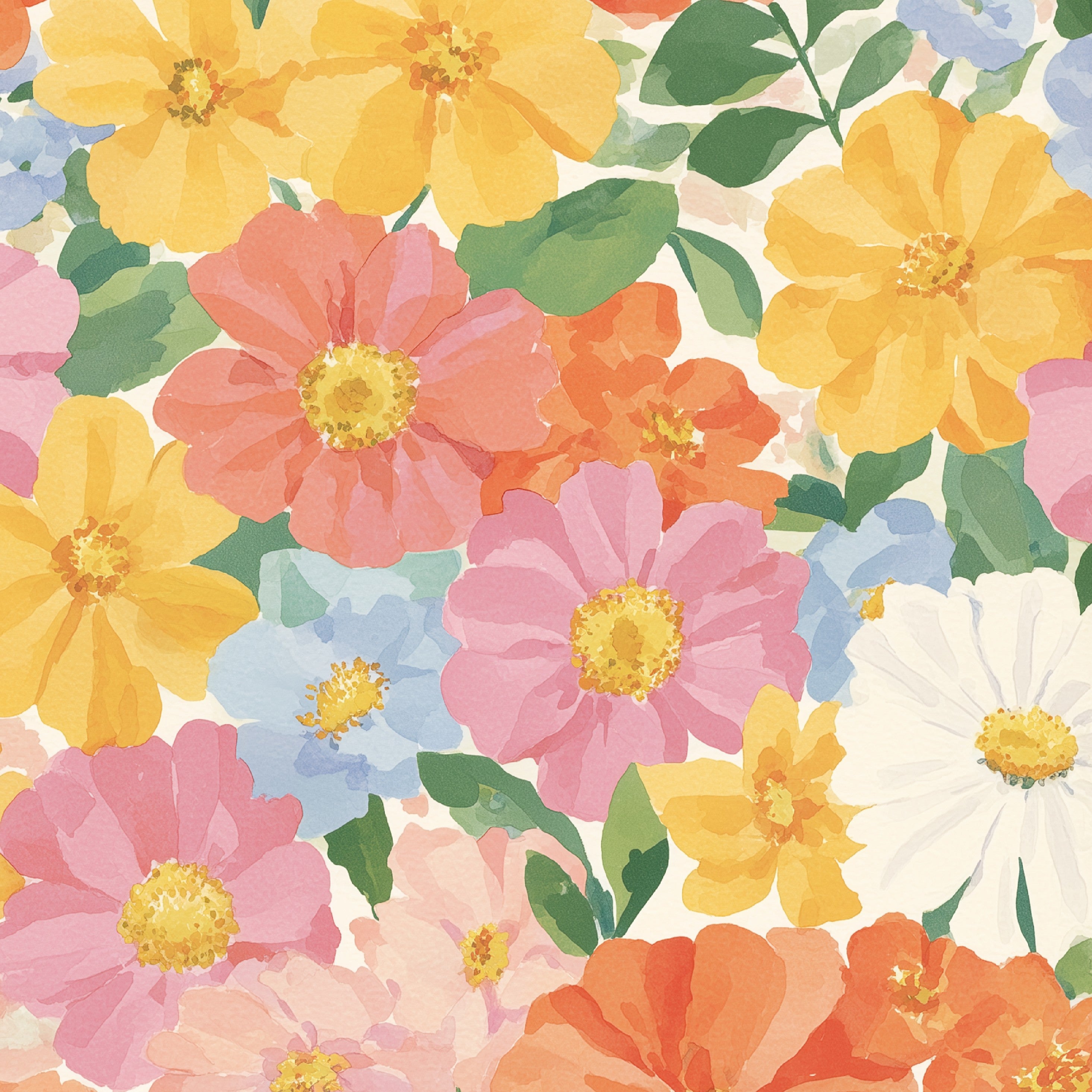 Watercolor floral wallpaper featuring pink, orange, yellow and soft blue flowers with green leaves