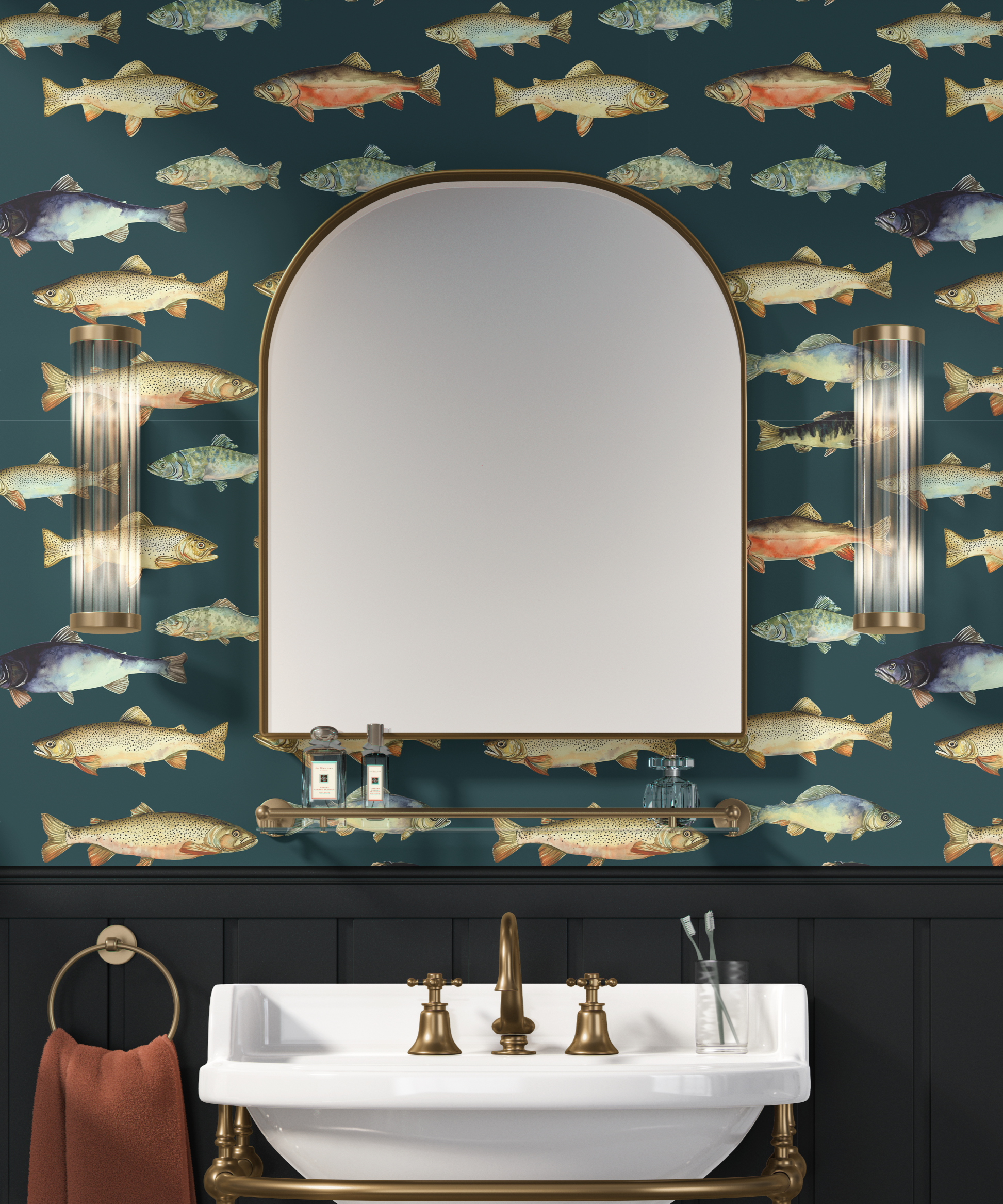 Bathroom with fish-patterned wallpaper, white sink, and gold fixtures.