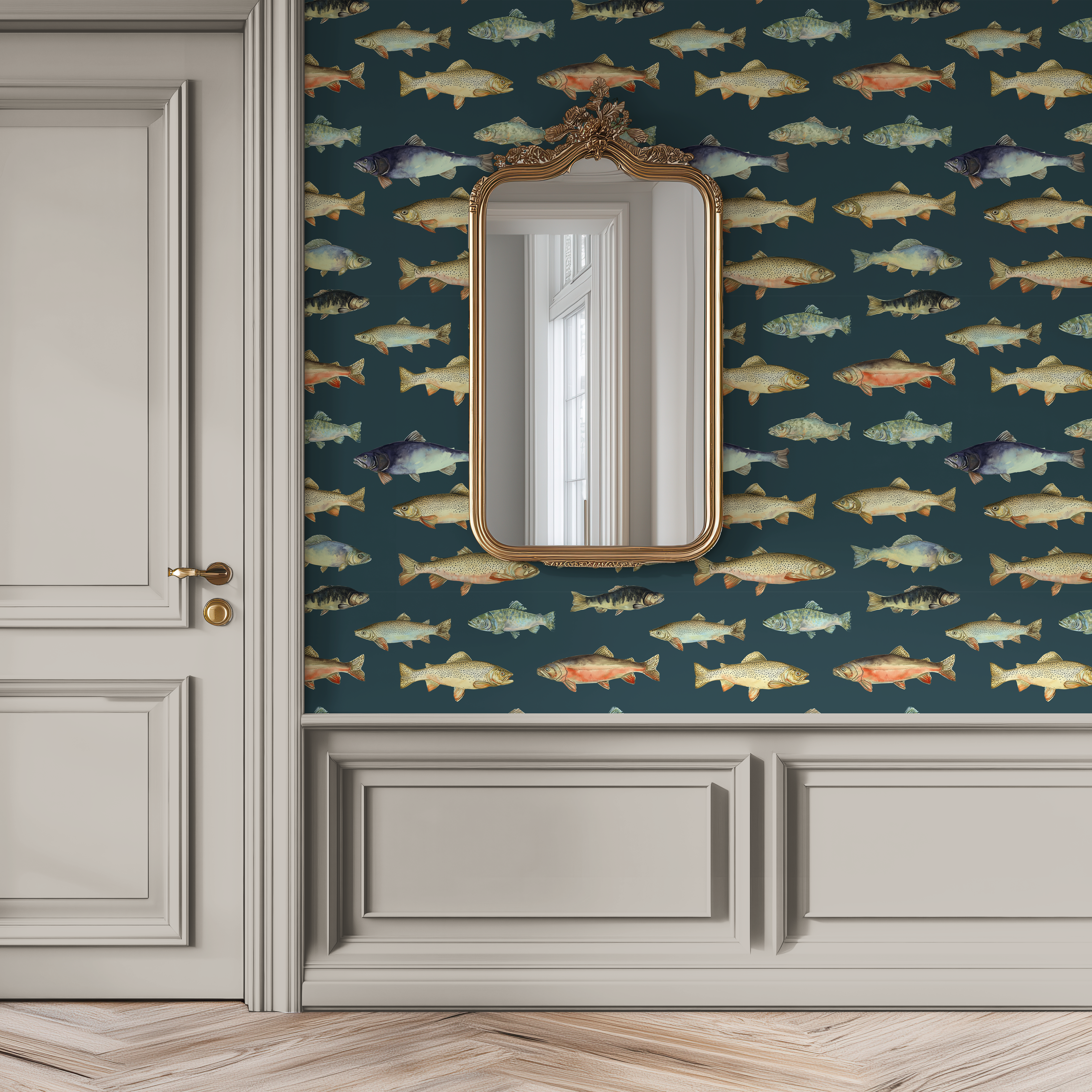 Freshwater fish wallpaper paired with taupe wainscoting and a vintage gold mirror