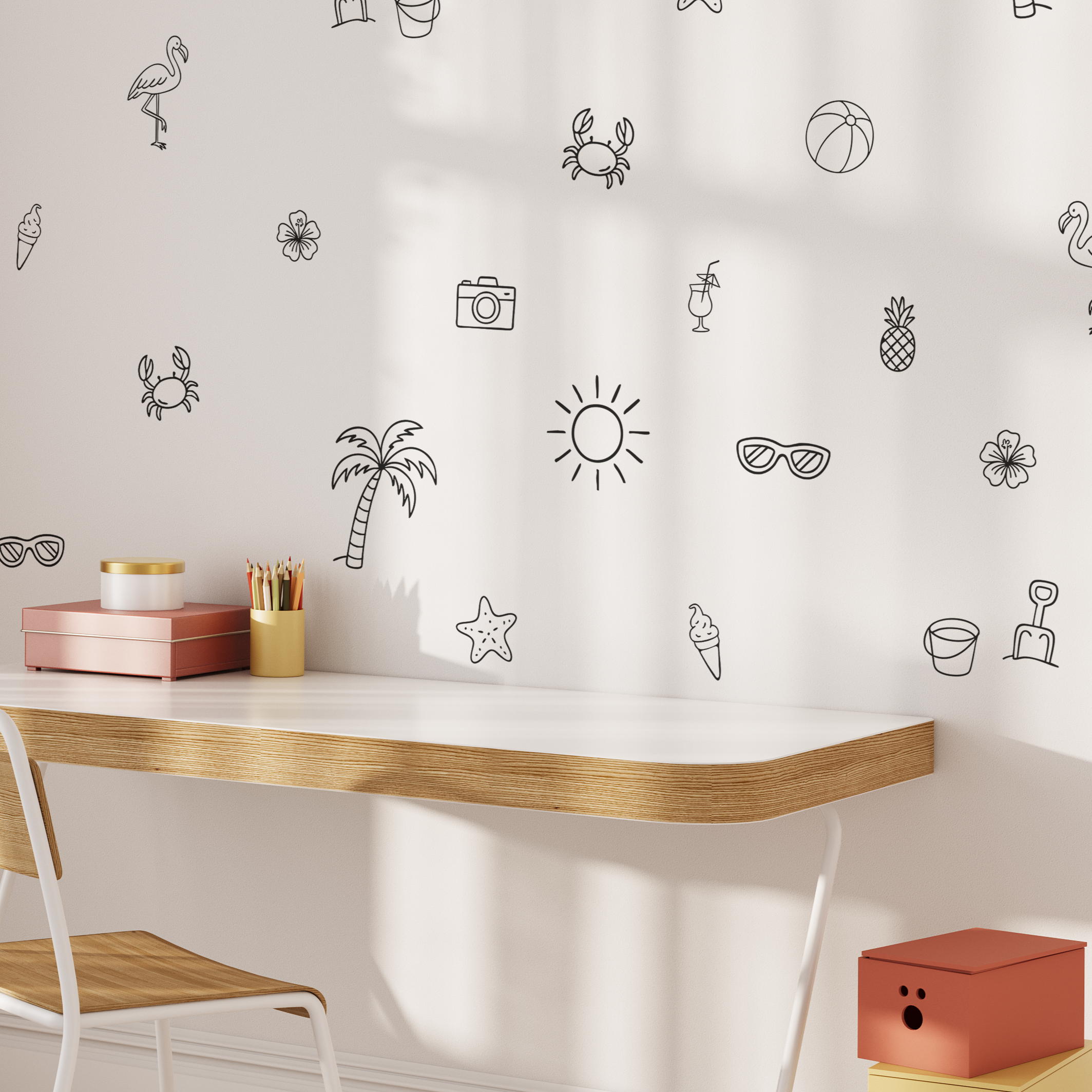 Simple beach decals applied in kids study area — palm trees, sun, crabs, and sunglasses on a light pink wall