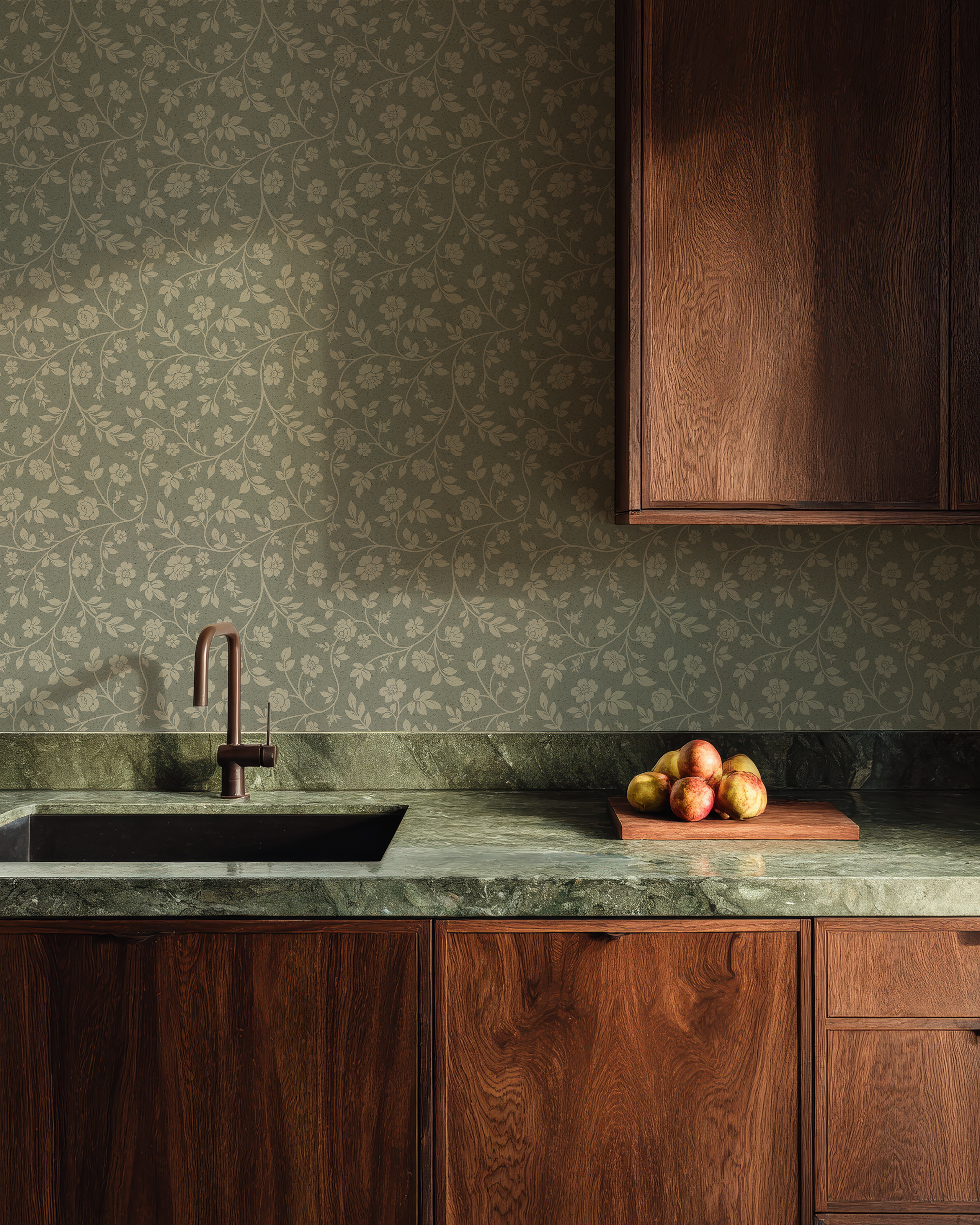 Garden Calico peel and stick wallpaper in a kitchen featuring delicate floral vines and soft sage green cottage style wallpaper