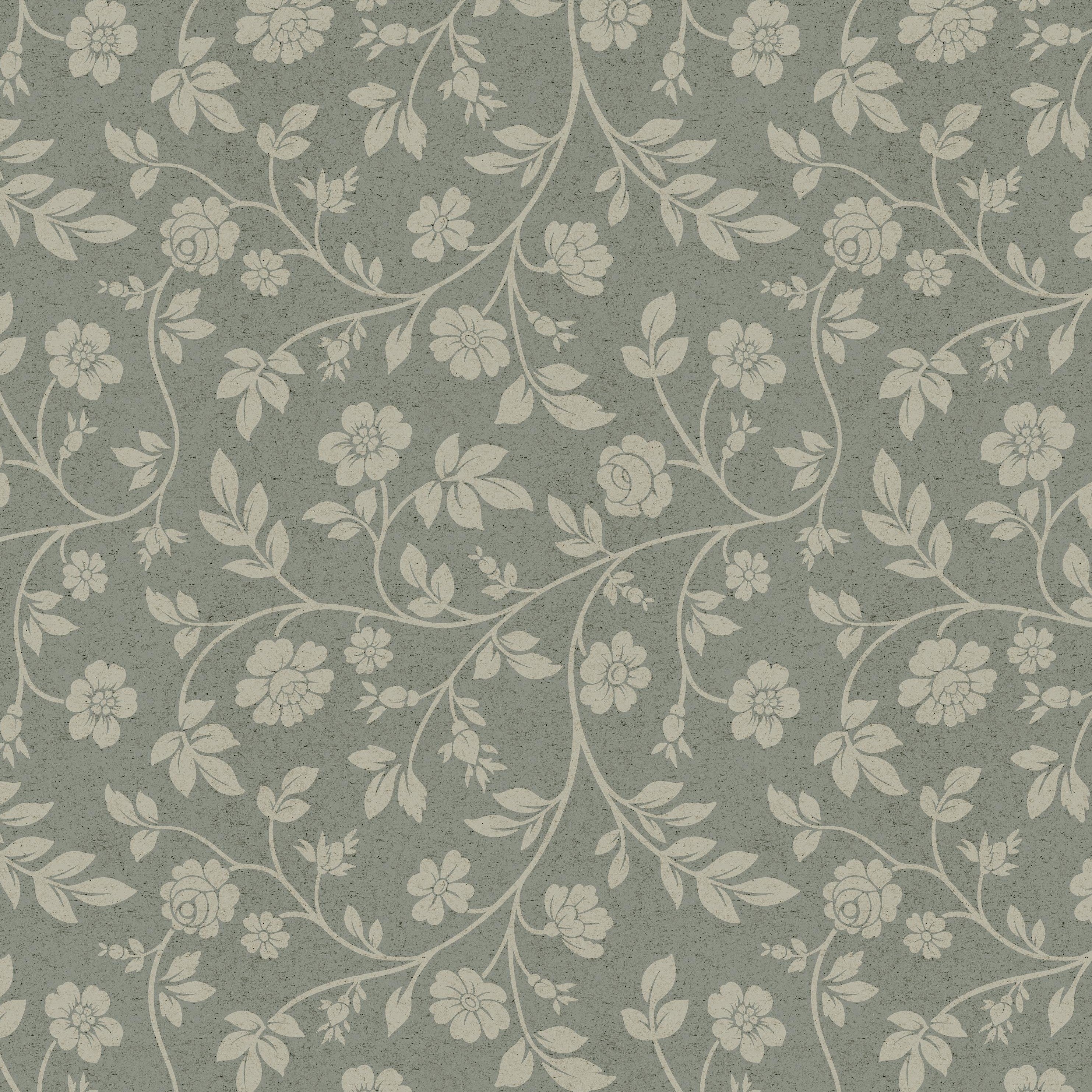 Garden Calico vintage floral wallpaper featuring cream flowers, winding vines, and an antique inspired botanical pattern