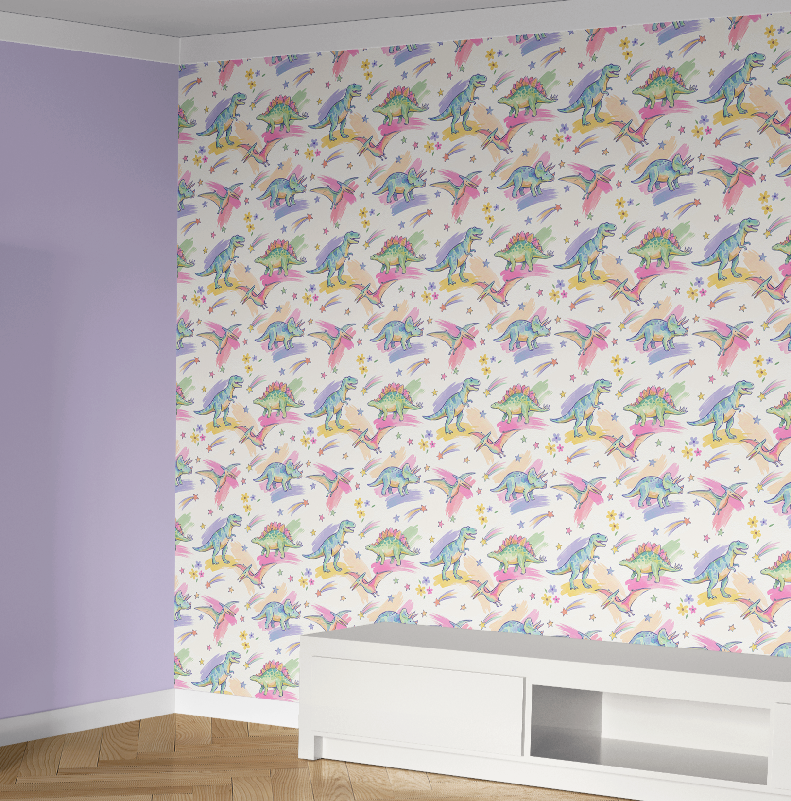 Wallpaper with colorful dinosaur pattern on a wall corner.