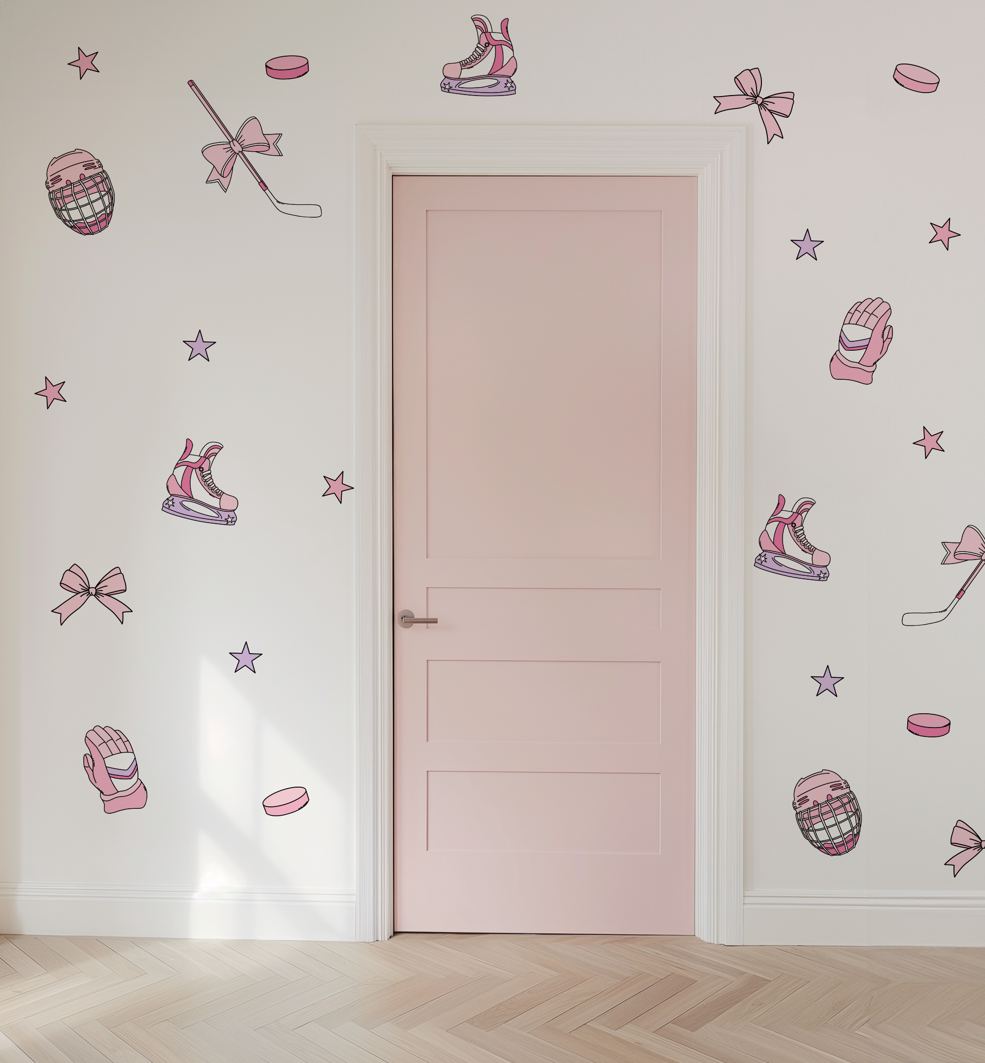 Blush pink girls hockey wall decals featuring skates, hockey sticks, gloves, helmets, pucks, bows and stars in a hockey bedroom.