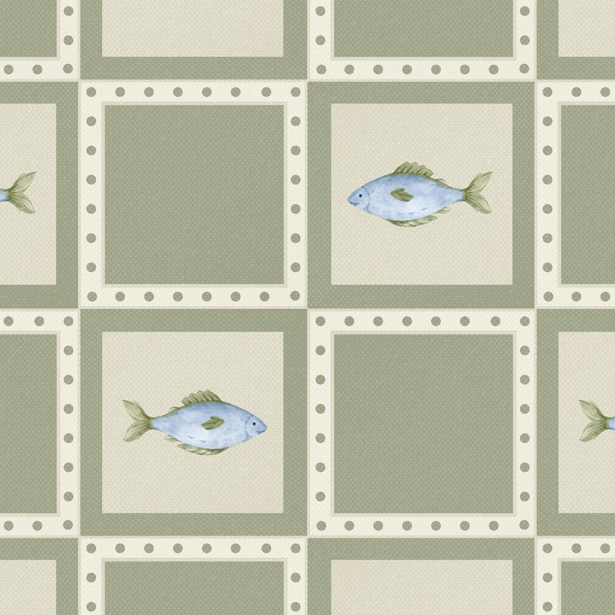 Watercolor blue fish wallpaper with sage green and cream patchwork squares, dotted borders and vintage quilt inspired pattern.