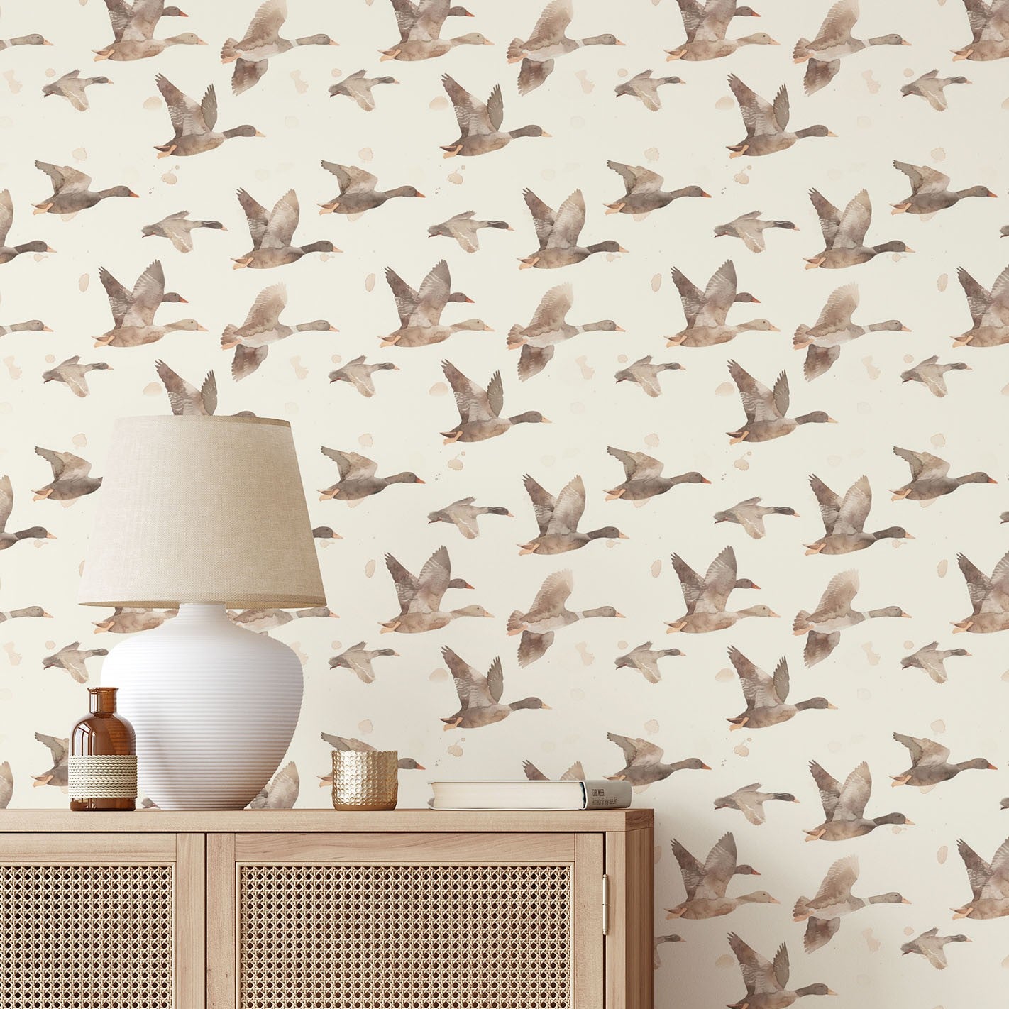 Close-up of goose migration wallpaper with watercolor birds on a cream background