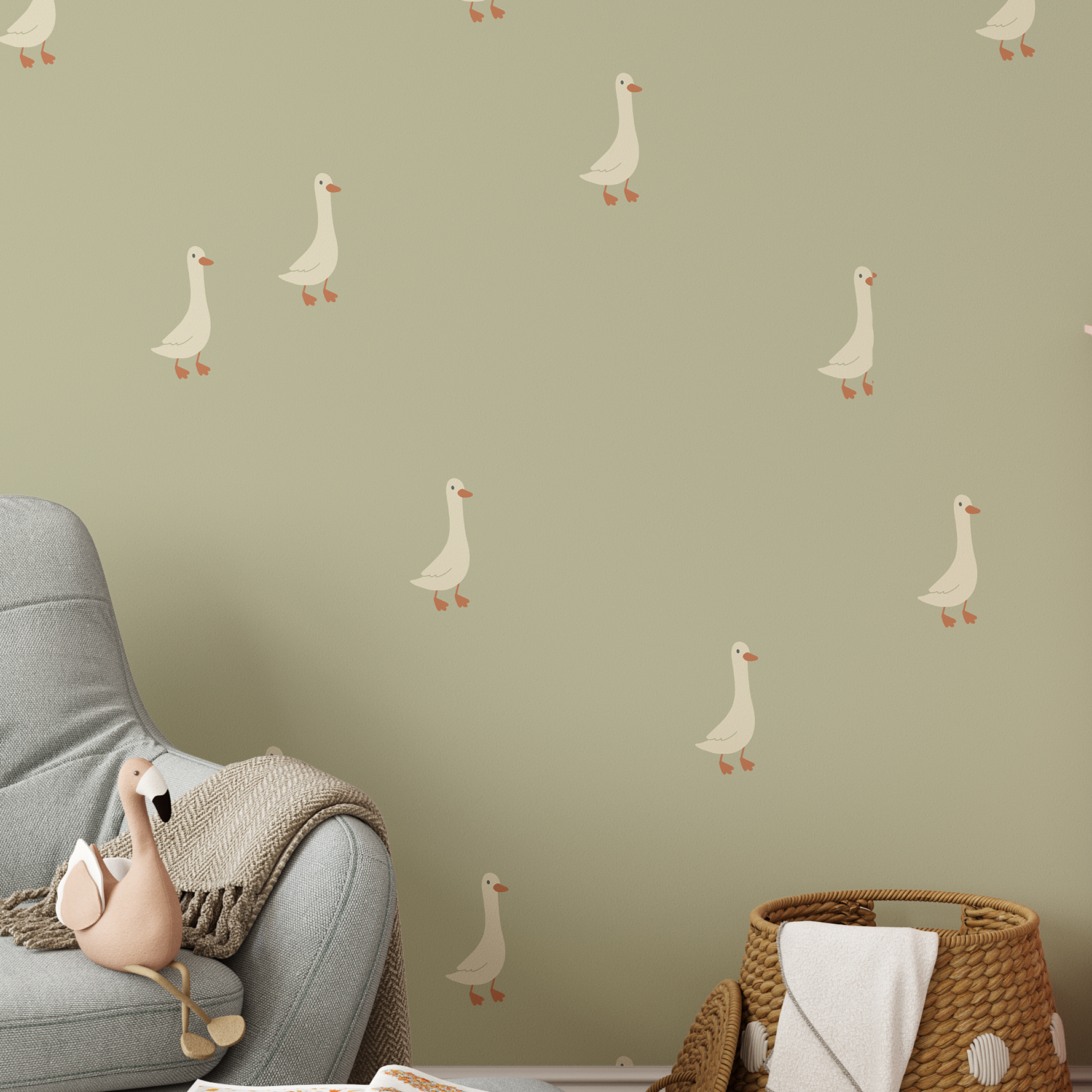 Goose wallpaper in cozy reading corner with wicker basket and plush toy, rustic country nursery wall design