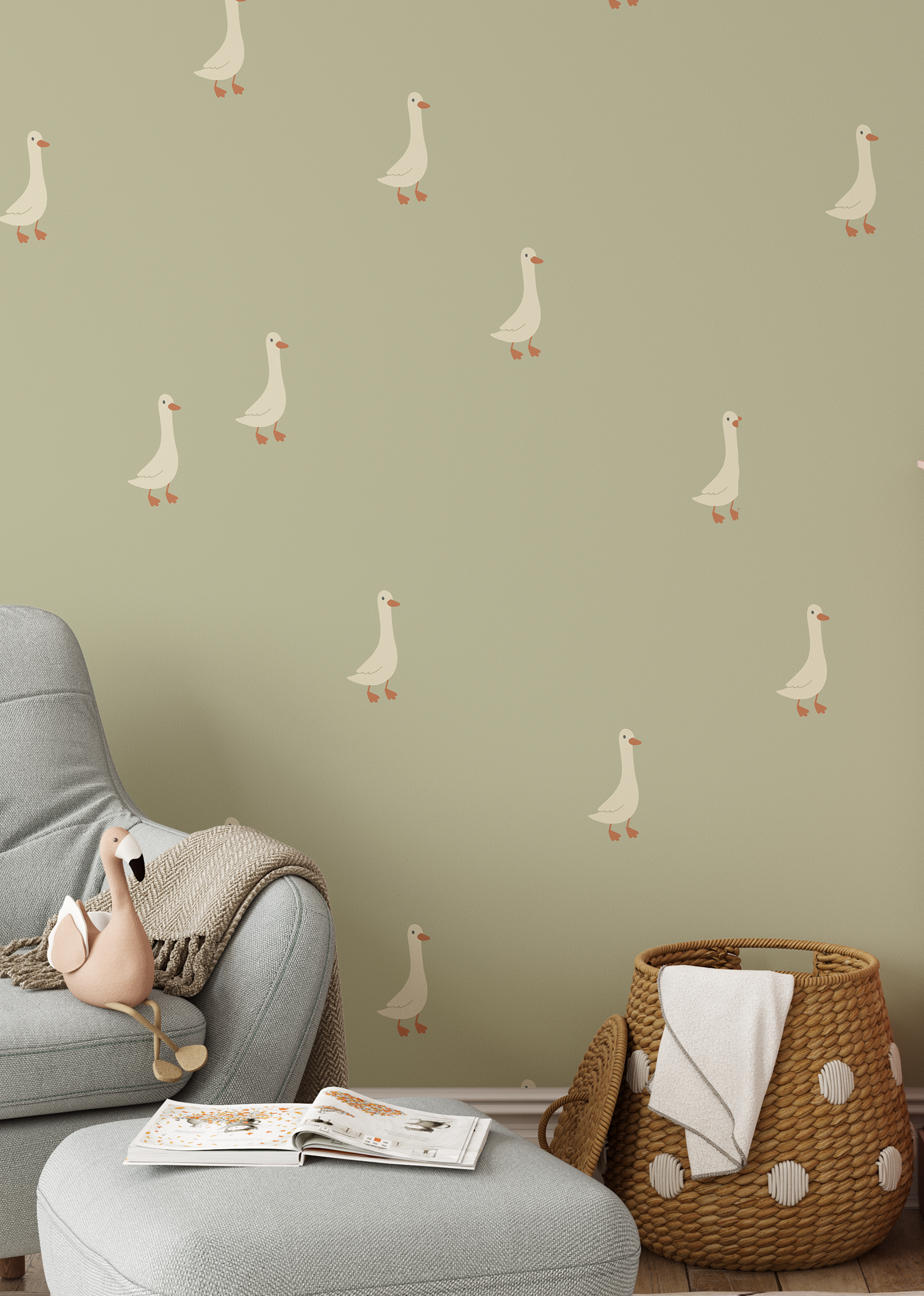 Goose wallpaper in cozy reading corner with wicker basket and plush toy, rustic country nursery wall design