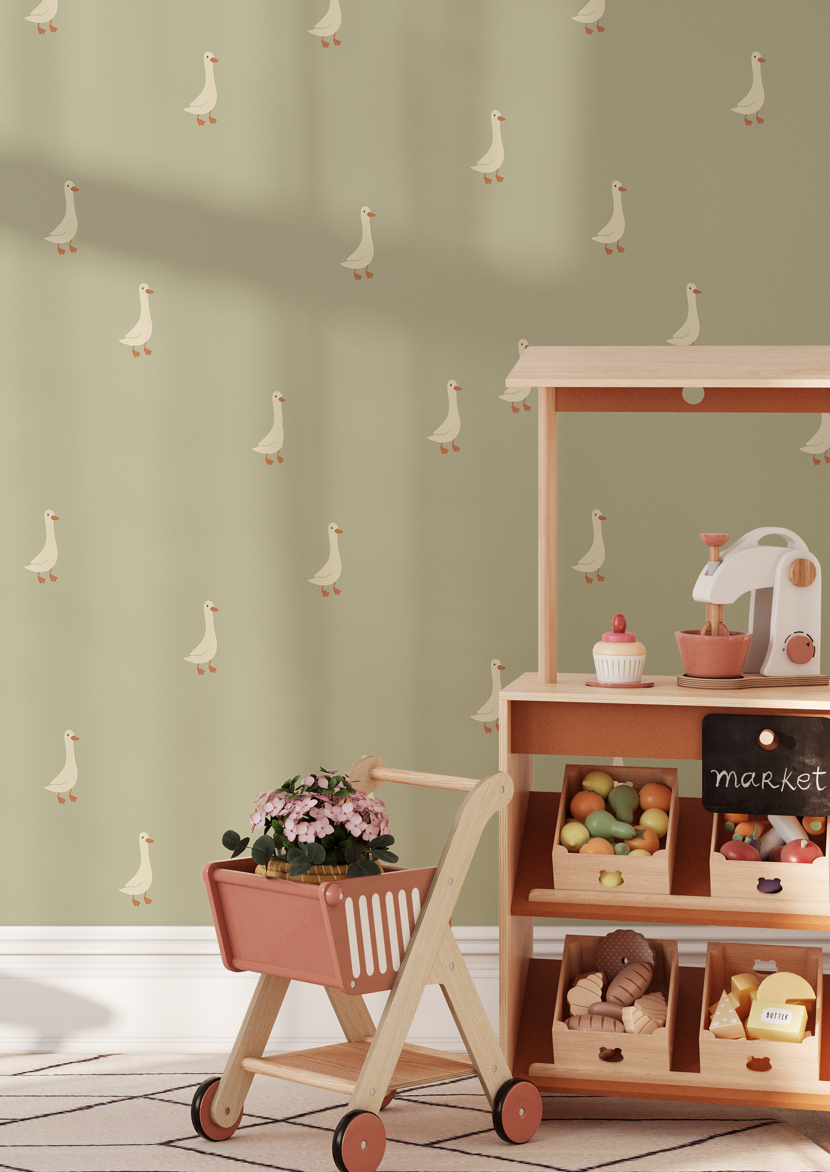 Goose wallpaper in kids playroom with wooden toy market and green background, farmhouse nursery decor