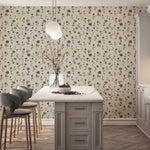 Grace Floral wallpaper installed in a bright kitchen with island seating and classic cabinetry