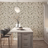 Grace Floral wallpaper installed in a bright kitchen with island seating and classic cabinetry