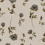 Close up of Grace Floral wallpaper showing delicate grey florals and olive green stems