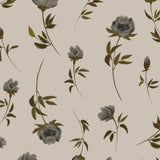 Close up of Grace Floral wallpaper showing delicate grey florals and olive green stems
