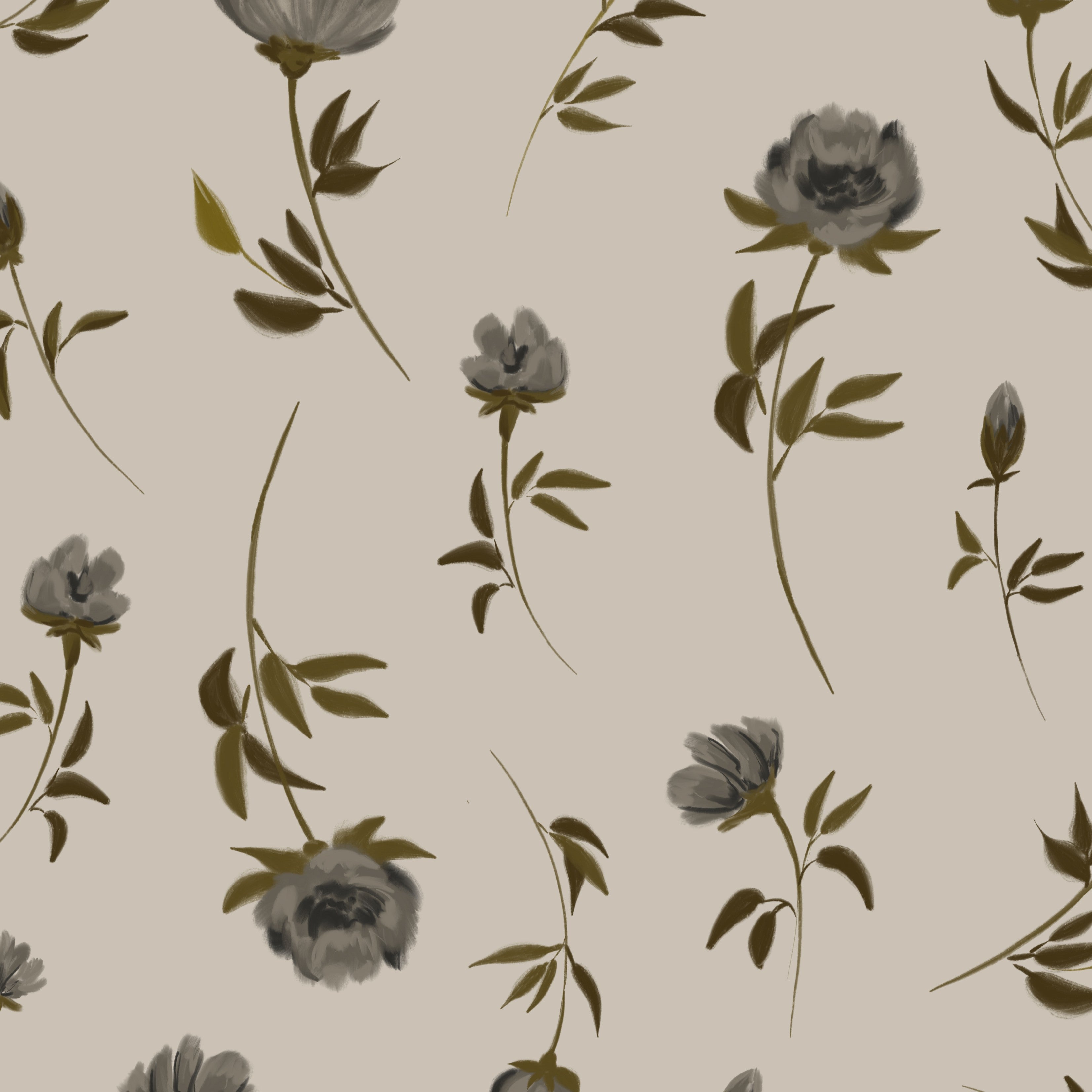 Close up of Grace Floral wallpaper showing delicate grey florals and olive green stems