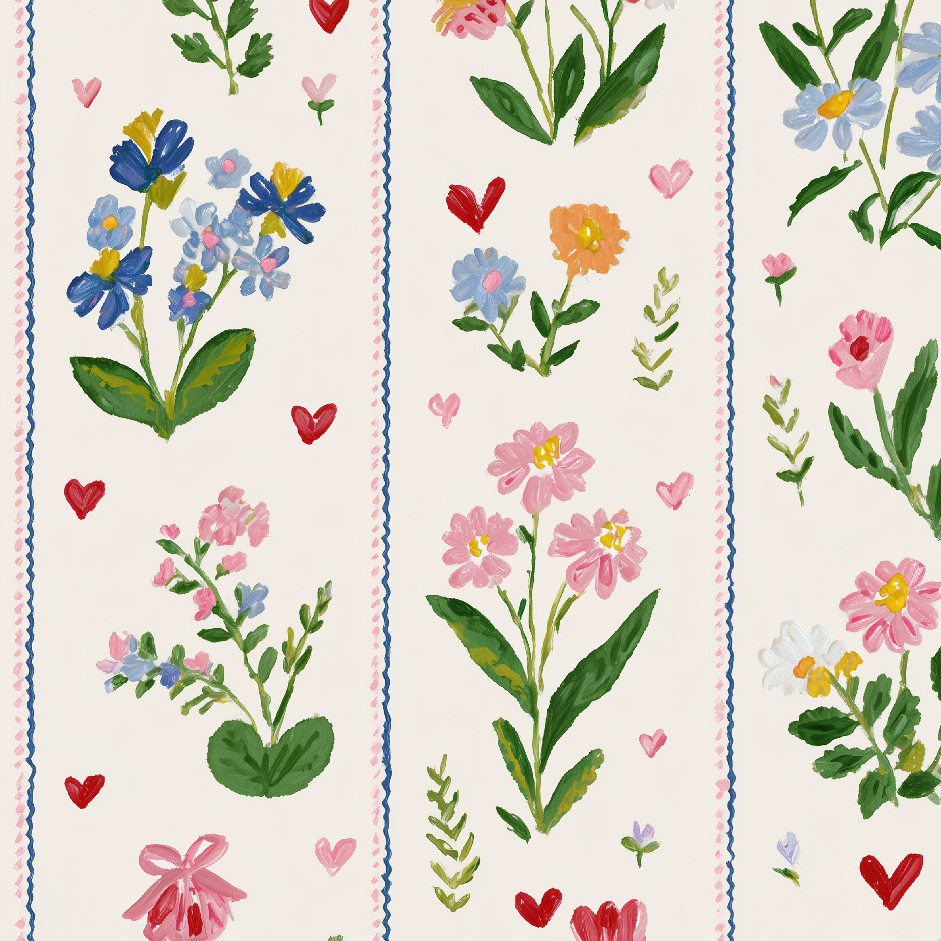 Close up of grandmillennial wallpaper showing hand painted flowers, small red hearts and blue striped borders