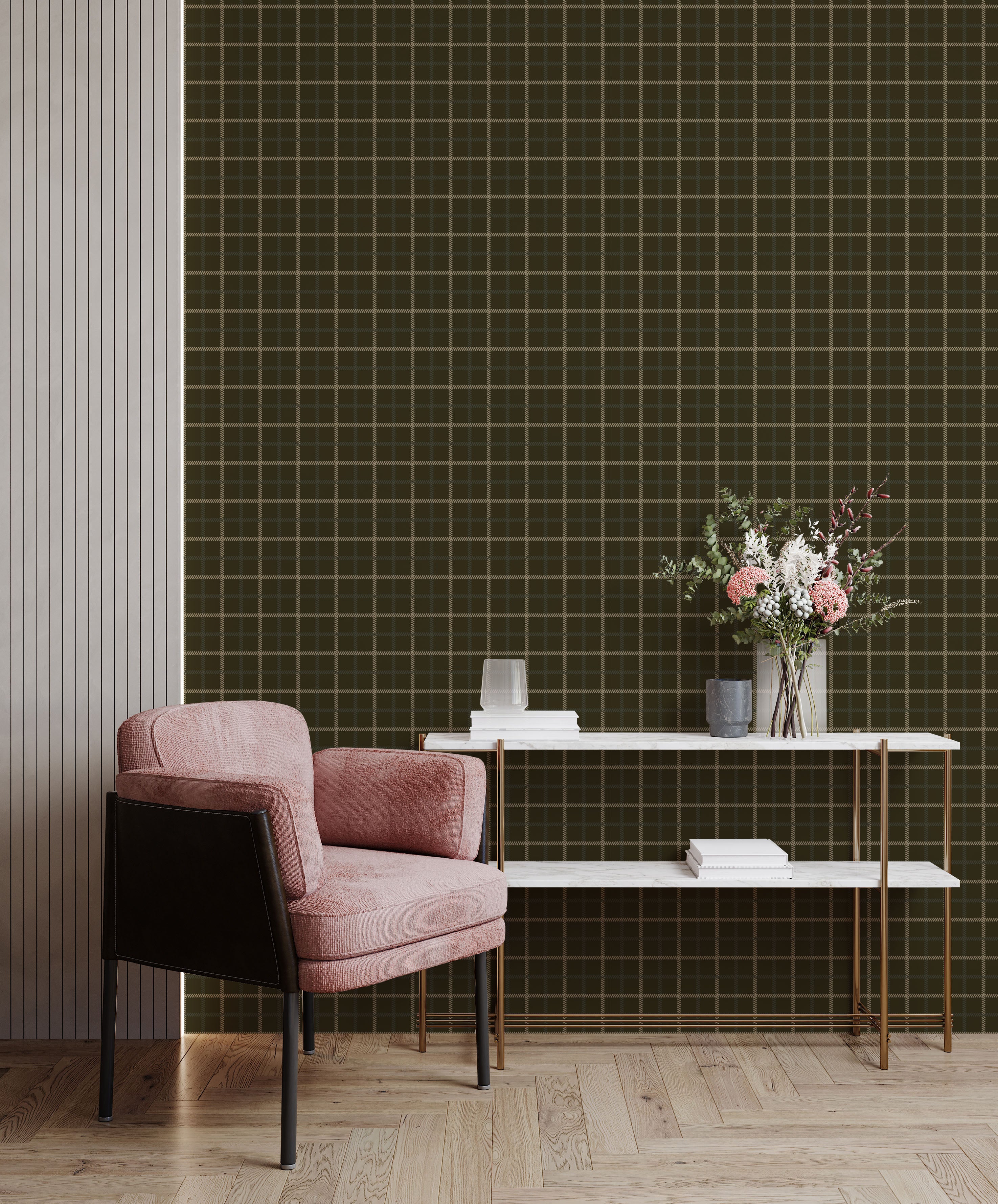 Dark green fine-line grid plaid wallpaper behind pink accent chair and modern console table