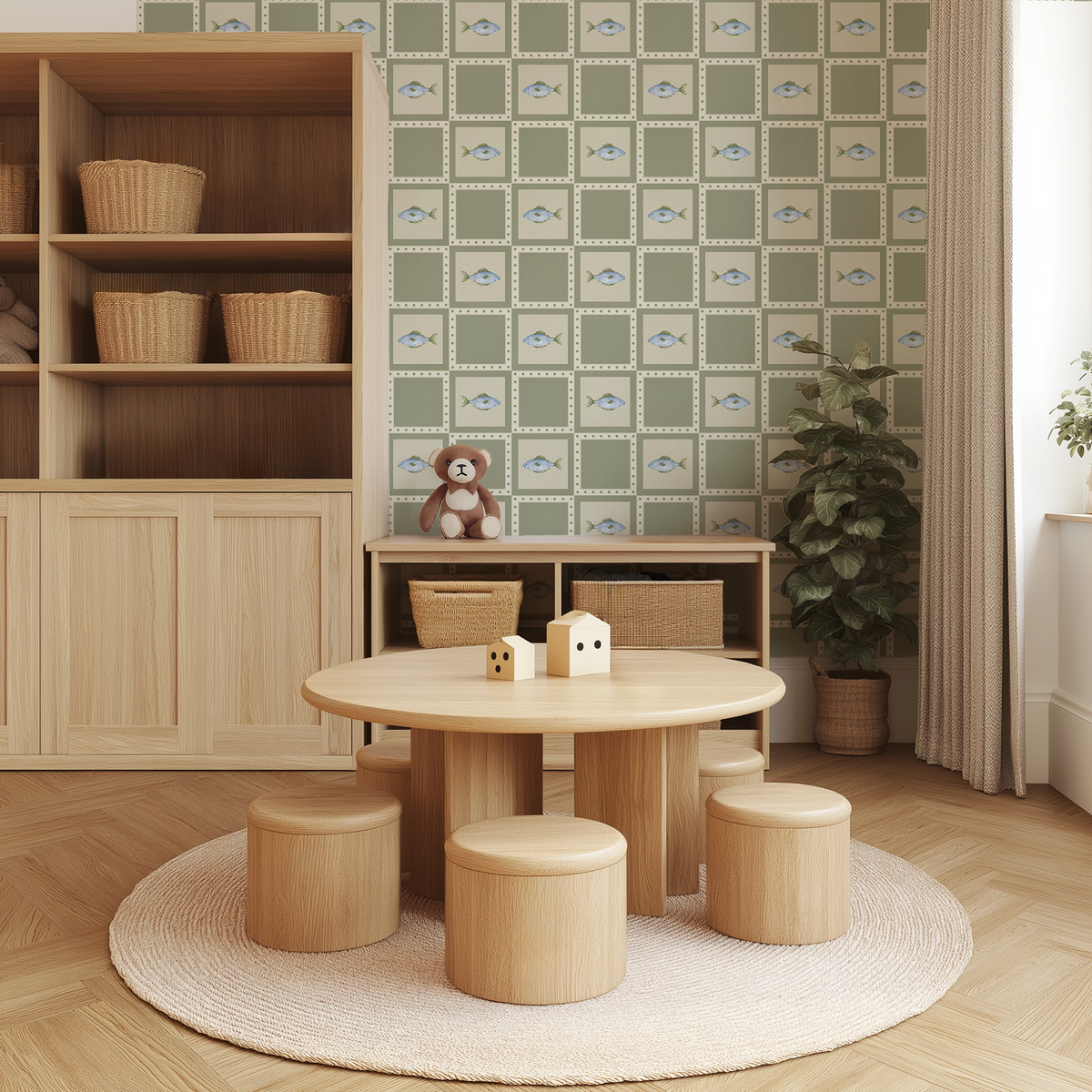 Vintage fish wallpaper in sage green and cream styled in a neutral children's playroom with natural wood furniture and woven baskets.