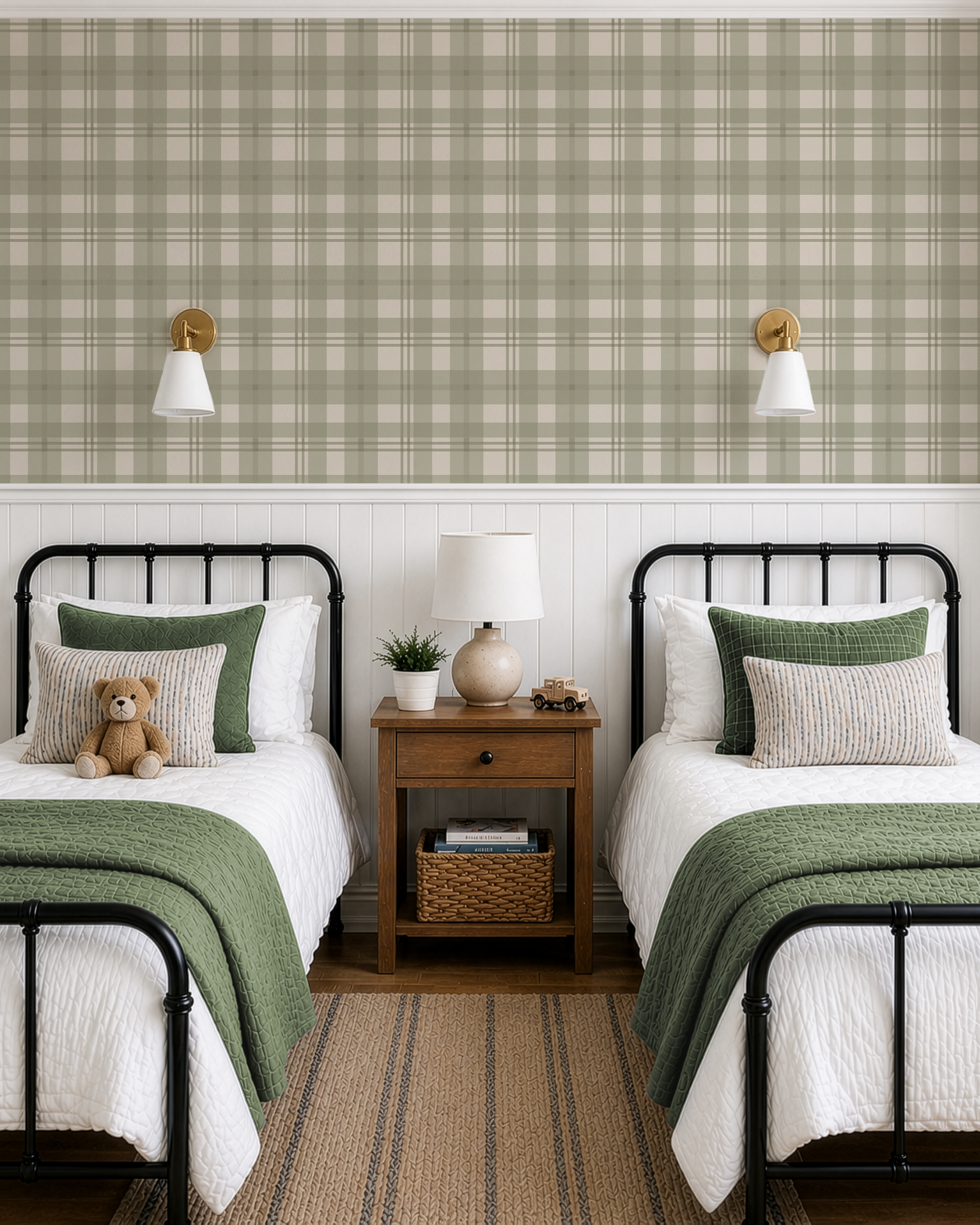 Green and cream plaid wallpaper in a shared boys bedroom with twin beds and sage green bedding