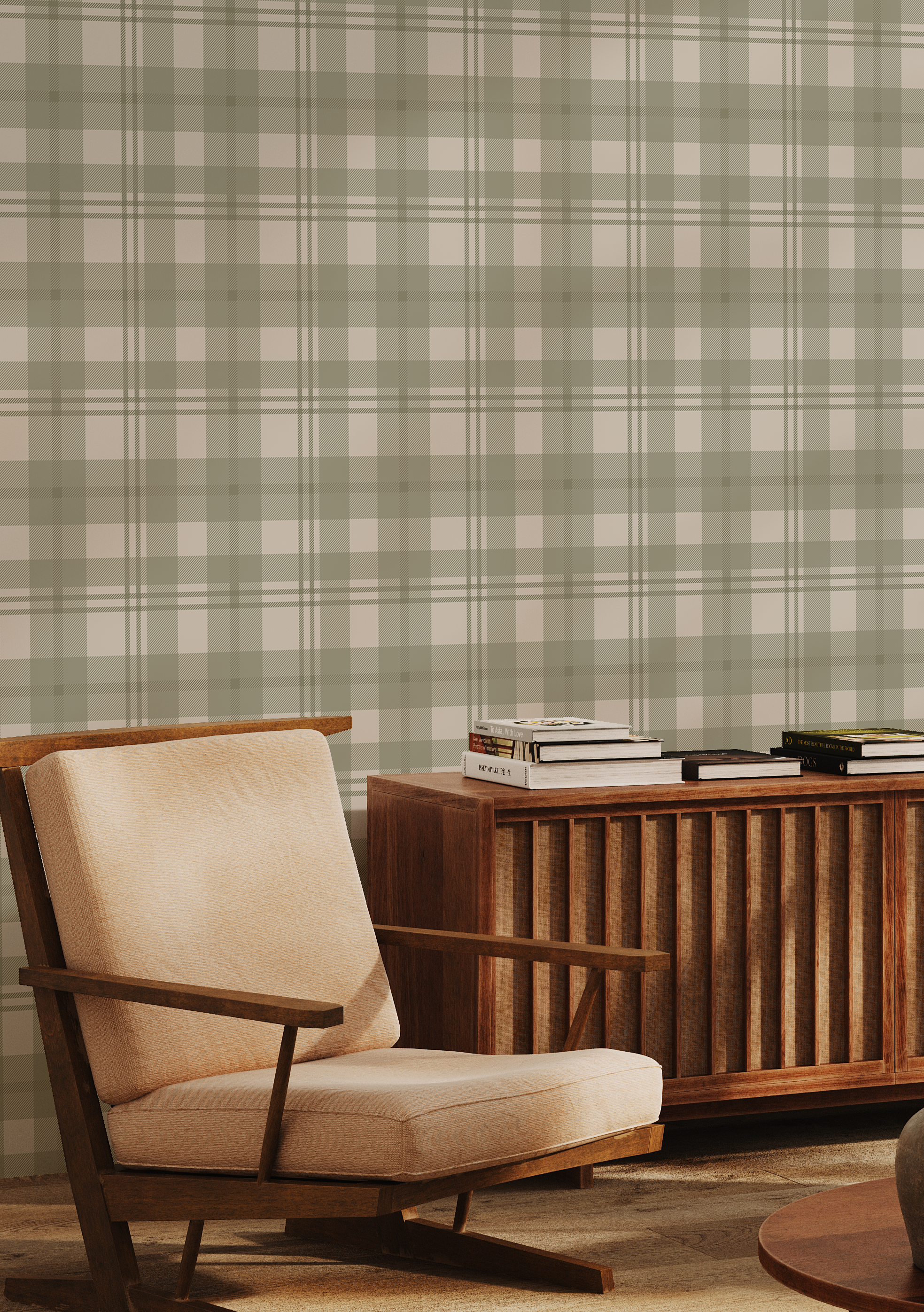 Green and cream plaid wallpaper in a modern home office with walnut furniture and neutral decor