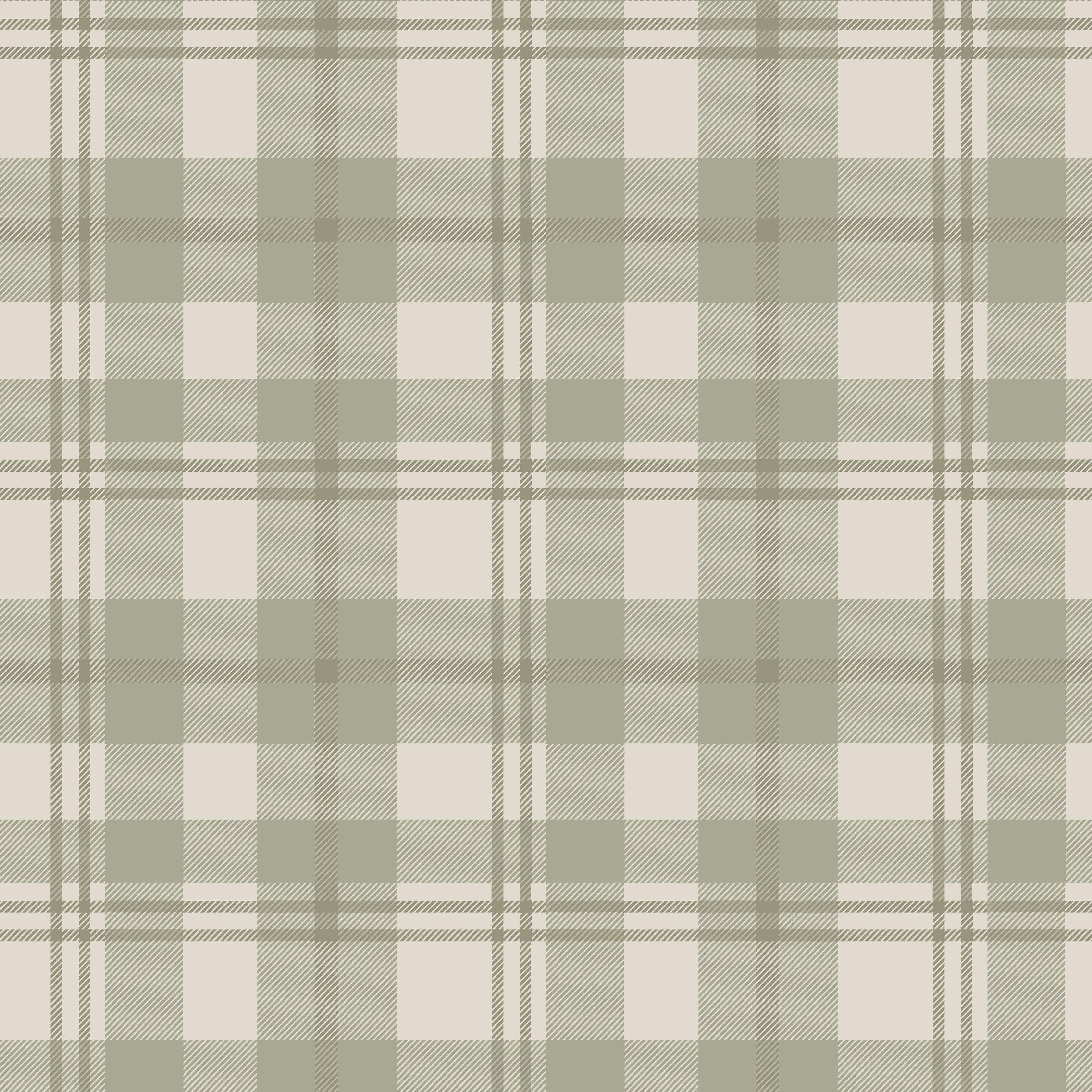 Close-up of green and cream plaid peel and stick wallpaper with warm neutral tartan pattern