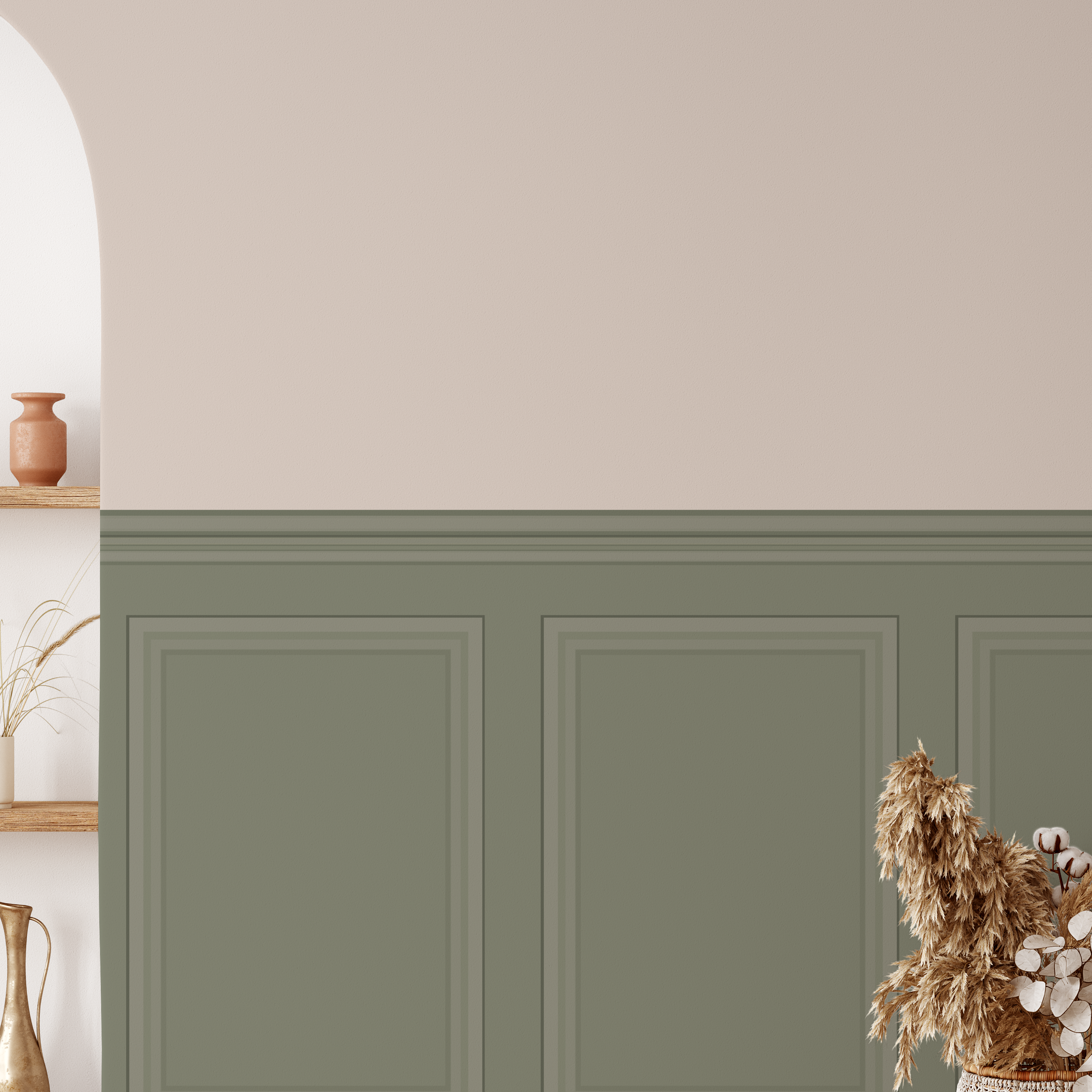 Green board and batten peel and stick wallpaper in modern space with archway and vases