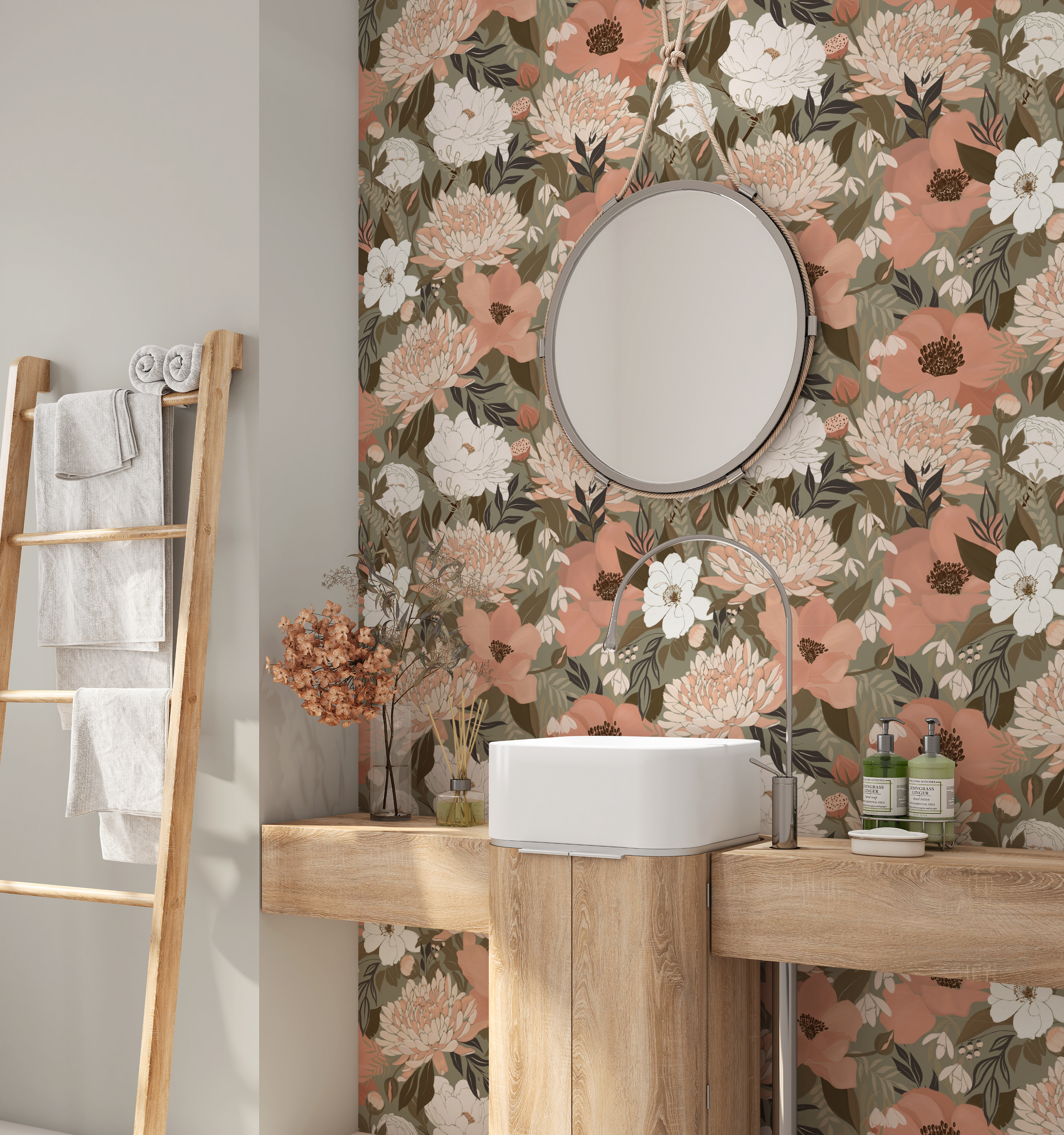 Peach and cream floral wallpaper in bathroom with sage green background, vintage botanical wall covering behind modern wood vanity