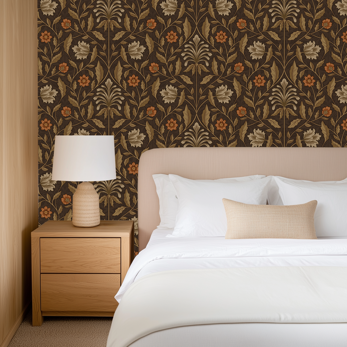 Hawthorn House vintage botanical wallpaper styled as a warm bedroom accent wall with natural wood furniture and neutral bedding.