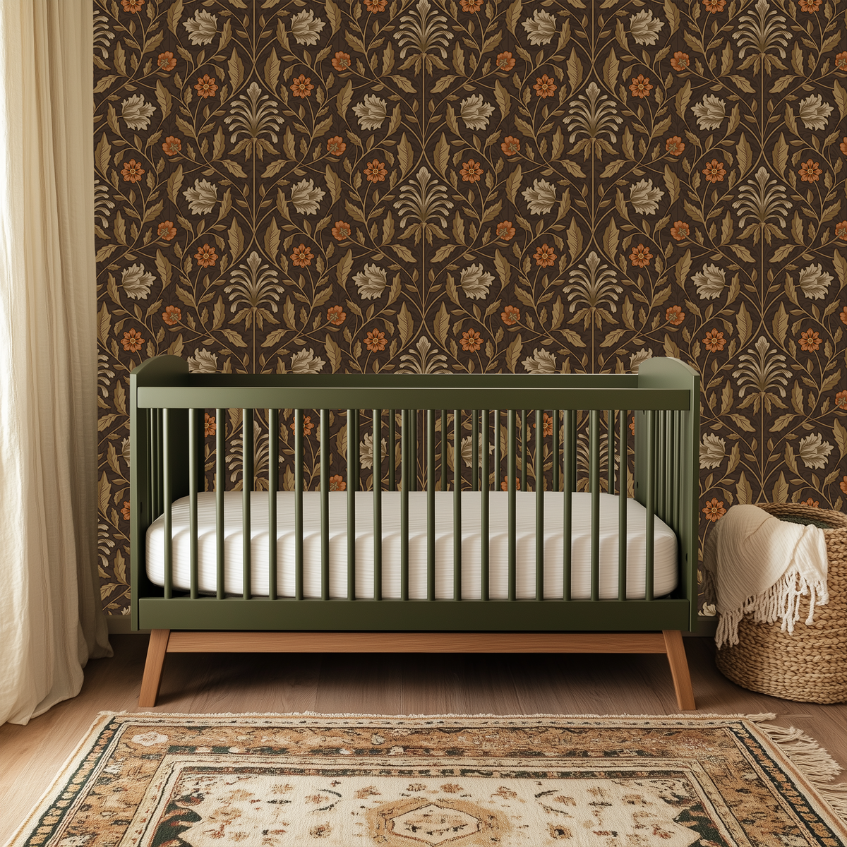 Moody brown floral nursery wallpaper with vintage botanical pattern styled behind an olive green crib and warm neutral decor.