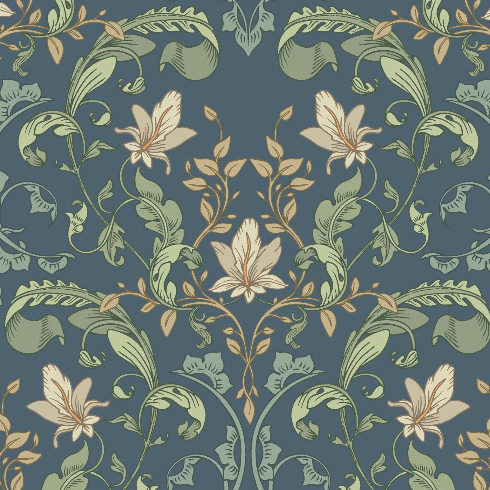 Blue and green botanical wallpaper with traditional floral pattern and vintage styling