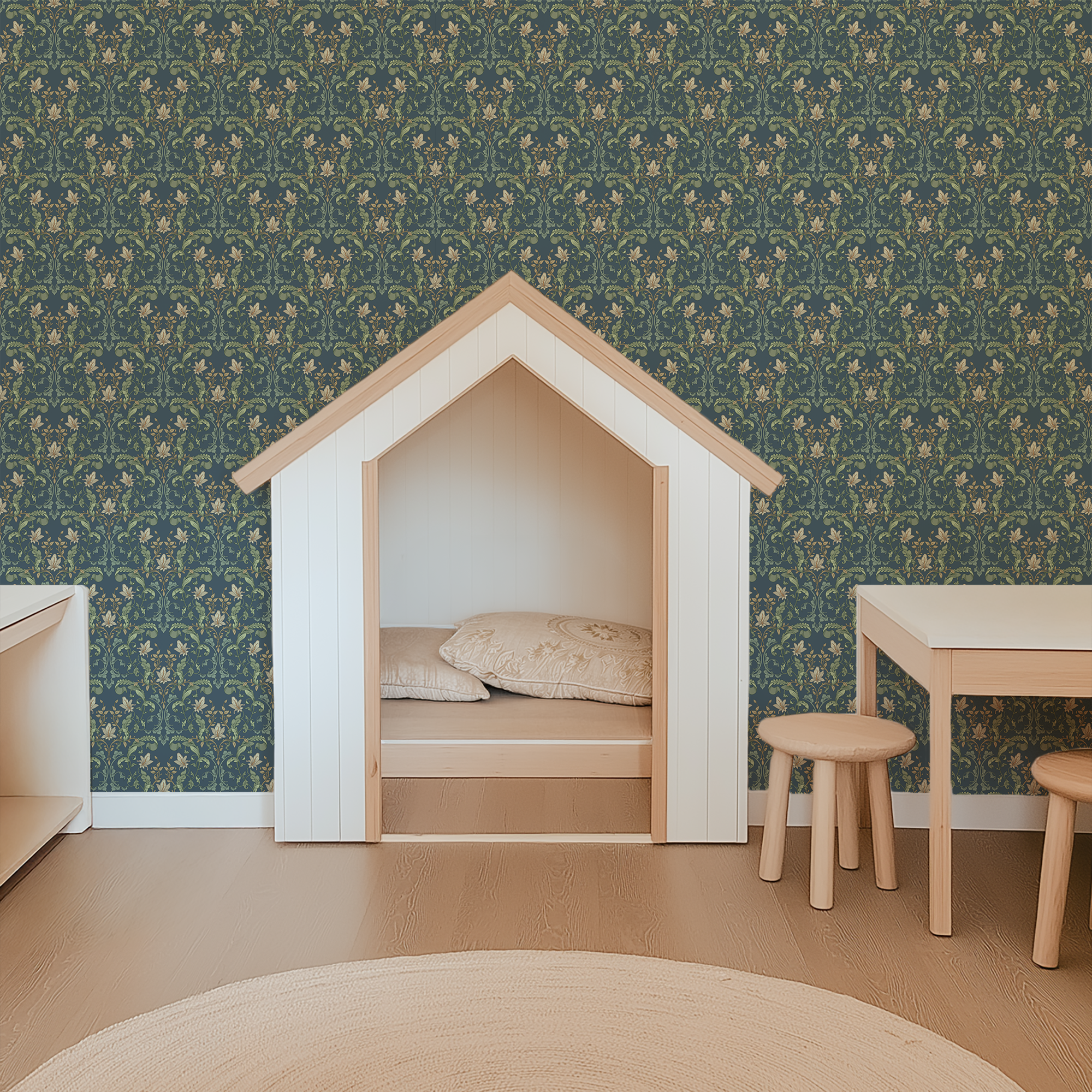 Heritage Botanical Wallpaper installed in a children's playroom behind a wooden playhouse