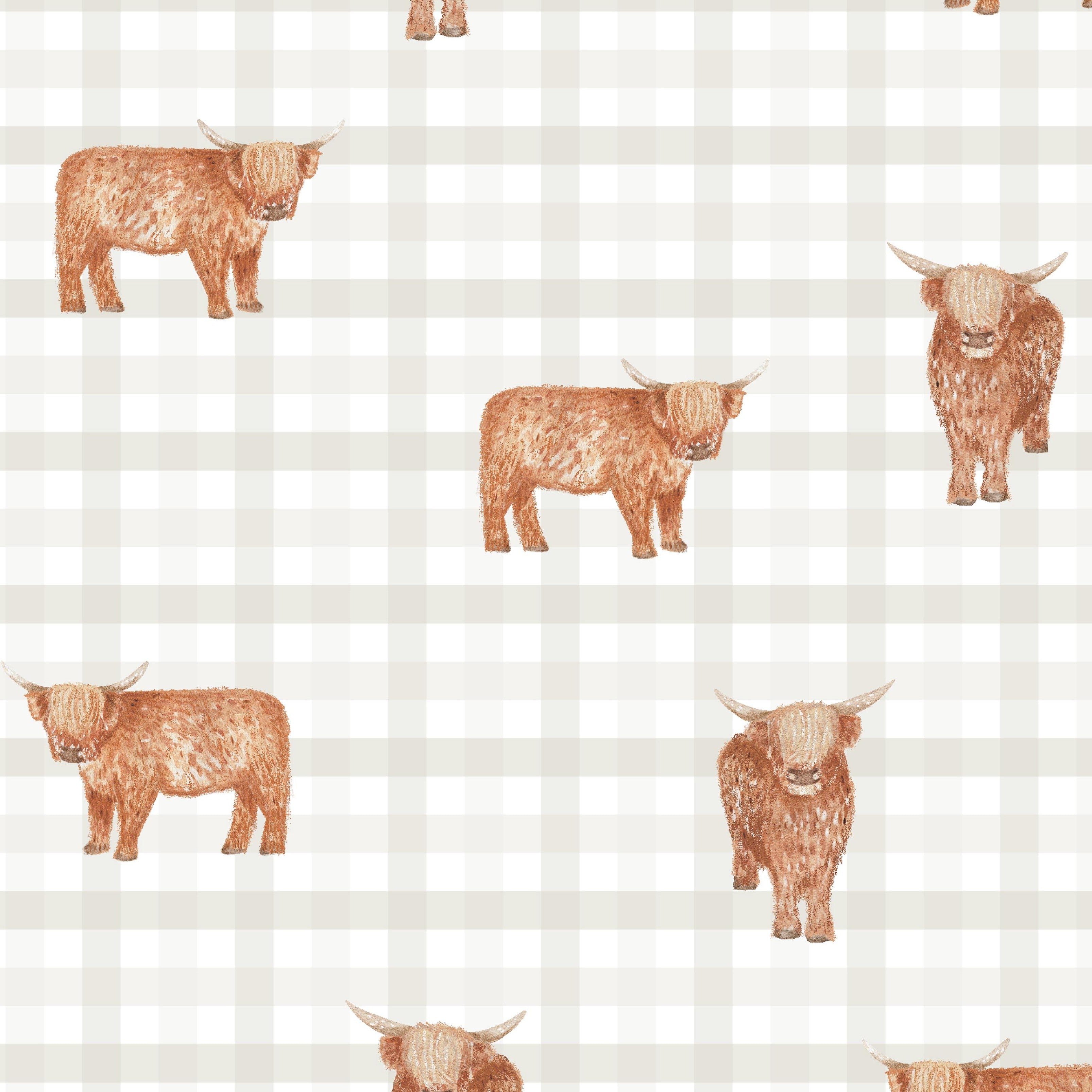 Highland Cow Gingham wallpaper featuring watercolor Highland cattle on a soft neutral plaid background for farmhouse nurseries