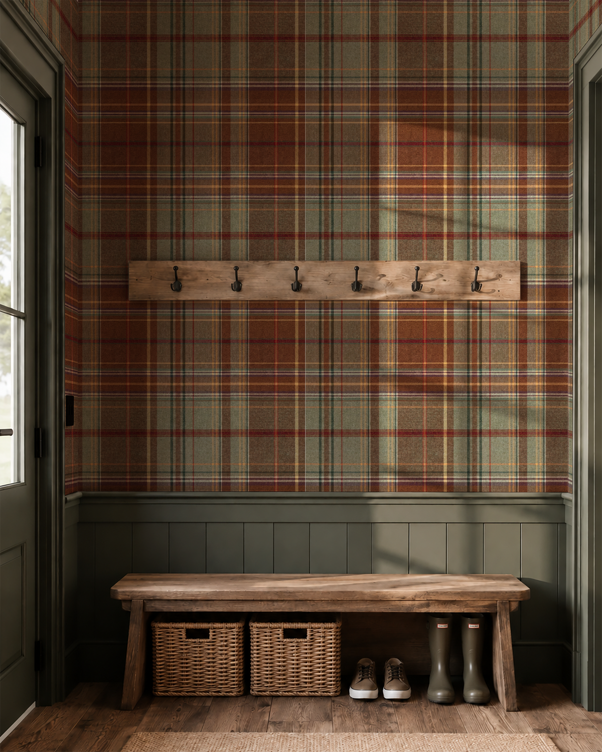 Highland Tartan plaid wallpaper in a rustic entryway with dark green wainscoting, wood bench and country farmhouse decor